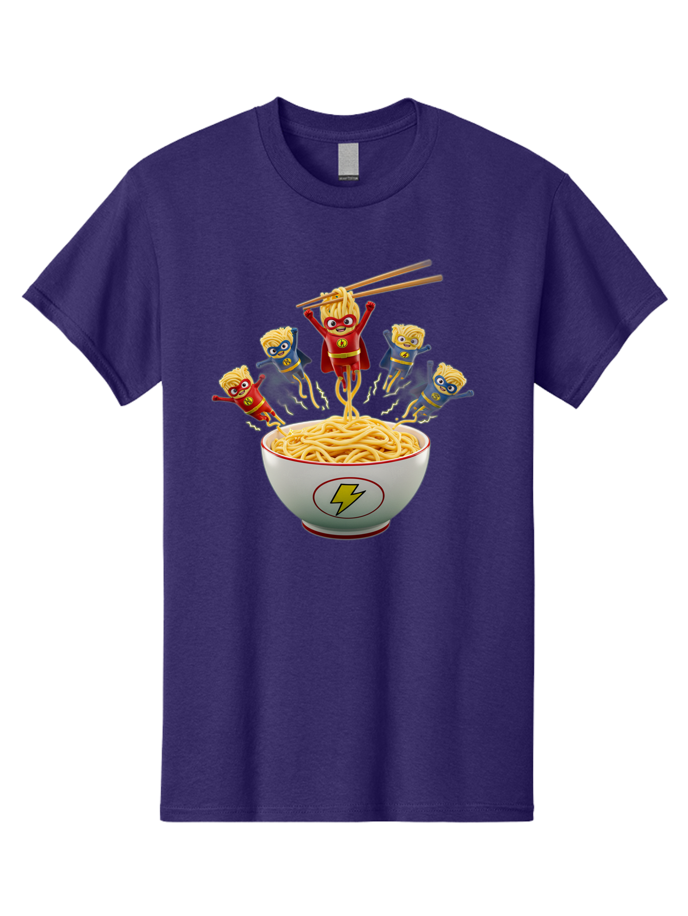 Lightning-Noodles Men'S Graphic Tee, 100% Cotton, Comfortable Casual Summer Wear, Machine Washable, Noodle Superheroes, Cartoon Characters, Comic Book Style, Asian Cuisine, Noodles, Chopsticks, Superhero Costumes, Funny, Playful, Baa920