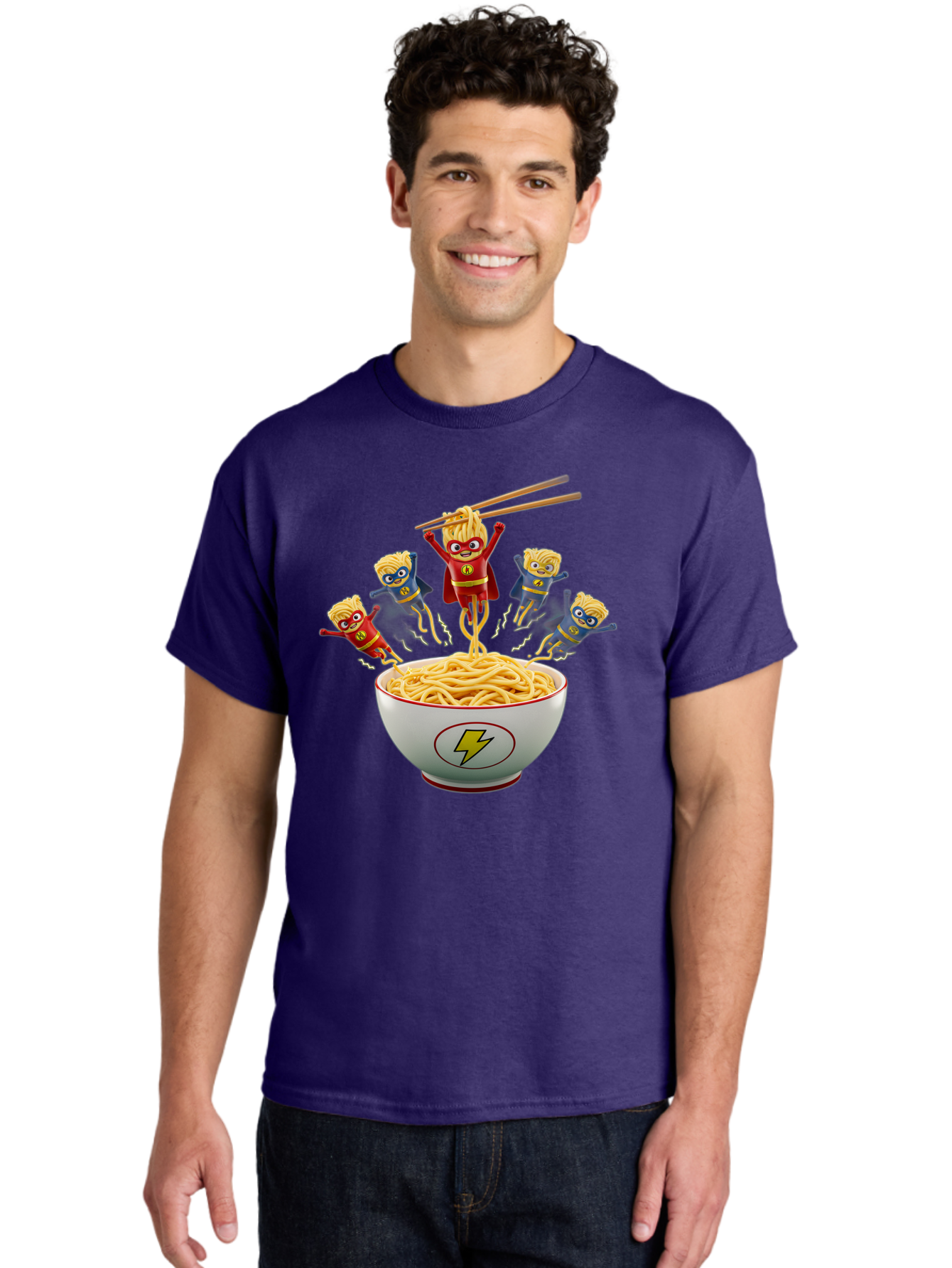 Lightning-Noodles Men'S Graphic Tee, 100% Cotton, Comfortable Casual Summer Wear, Machine Washable, Noodle Superheroes, Cartoon Characters, Comic Book Style, Asian Cuisine, Noodles, Chopsticks, Superhero Costumes, Funny, Playful, Baa920