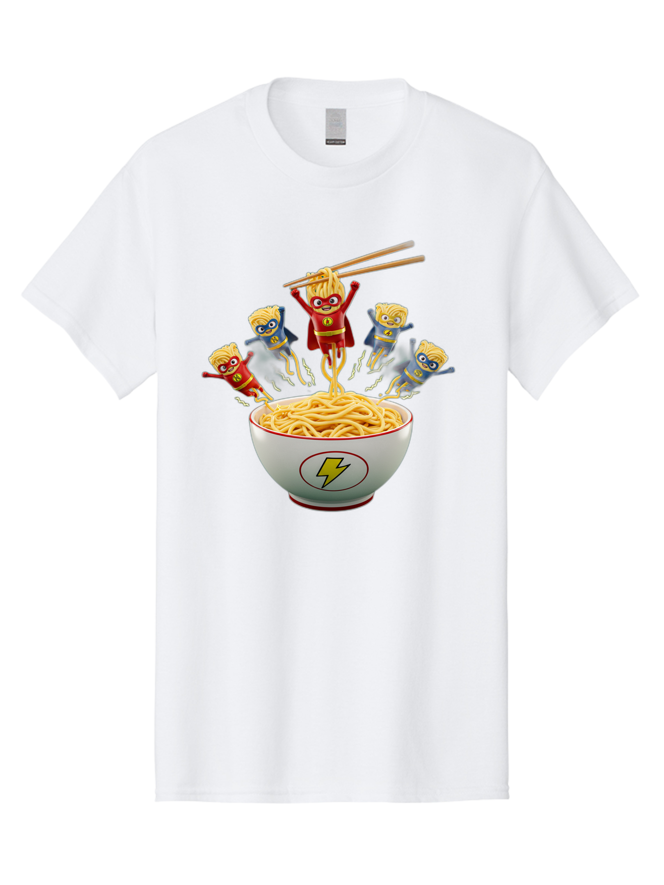 Lightning-Noodles Men'S Graphic Tee, 100% Cotton, Comfortable Casual Summer Wear, Machine Washable, Noodle Superheroes, Cartoon Characters, Comic Book Style, Asian Cuisine, Noodles, Chopsticks, Superhero Costumes, Funny, Playful, Baa920