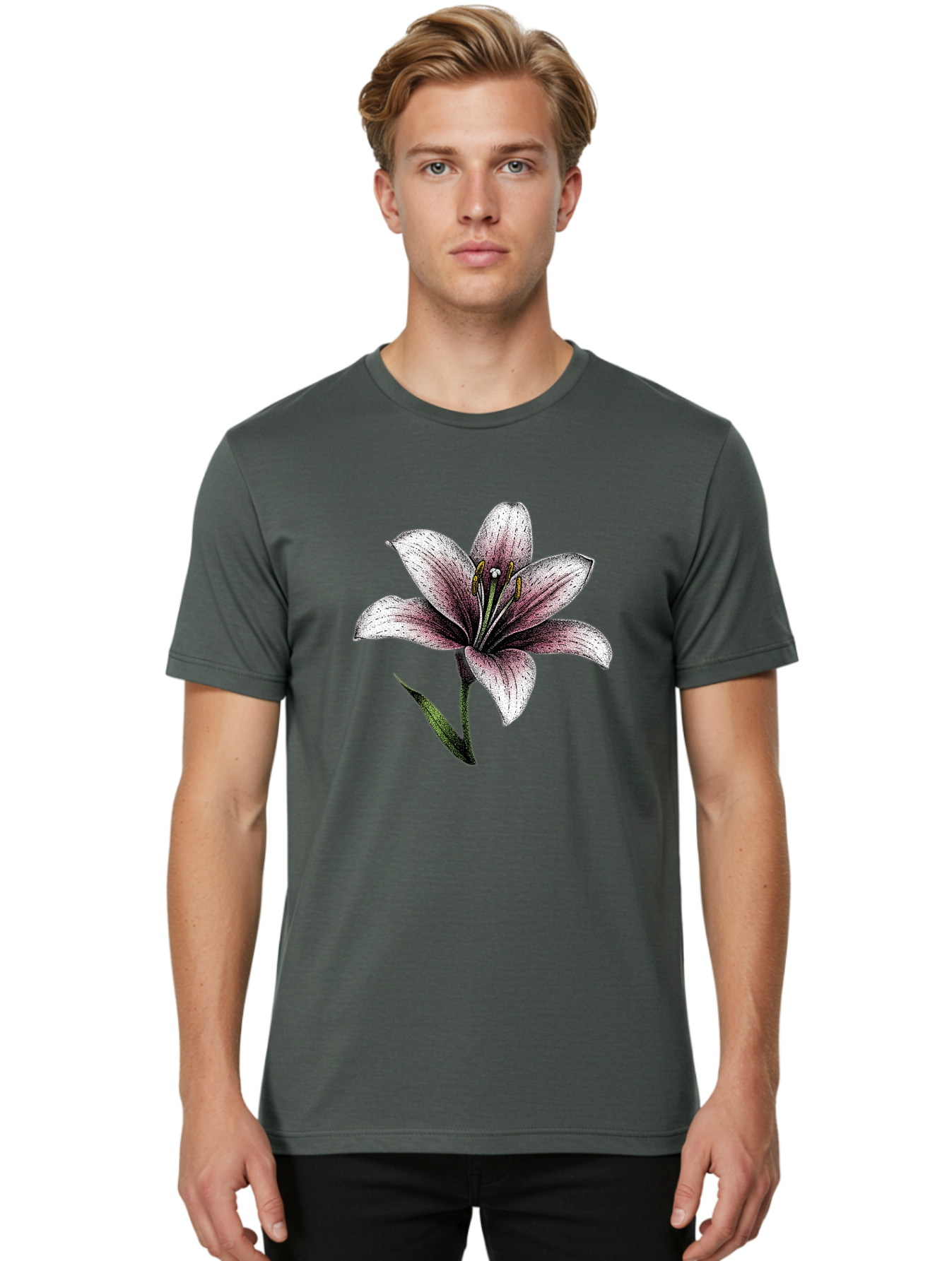 Lily-1 Men'S Graphic Tee, 100% Cotton, Comfortable Casual Summer Wear, Machine Washable, Lily Flower, Elegant Bloom, White And Purple Petals, Botanical Illustration, Delicate Stamens, Floral Beauty, Vintage Art, Flower Drawing Baa921