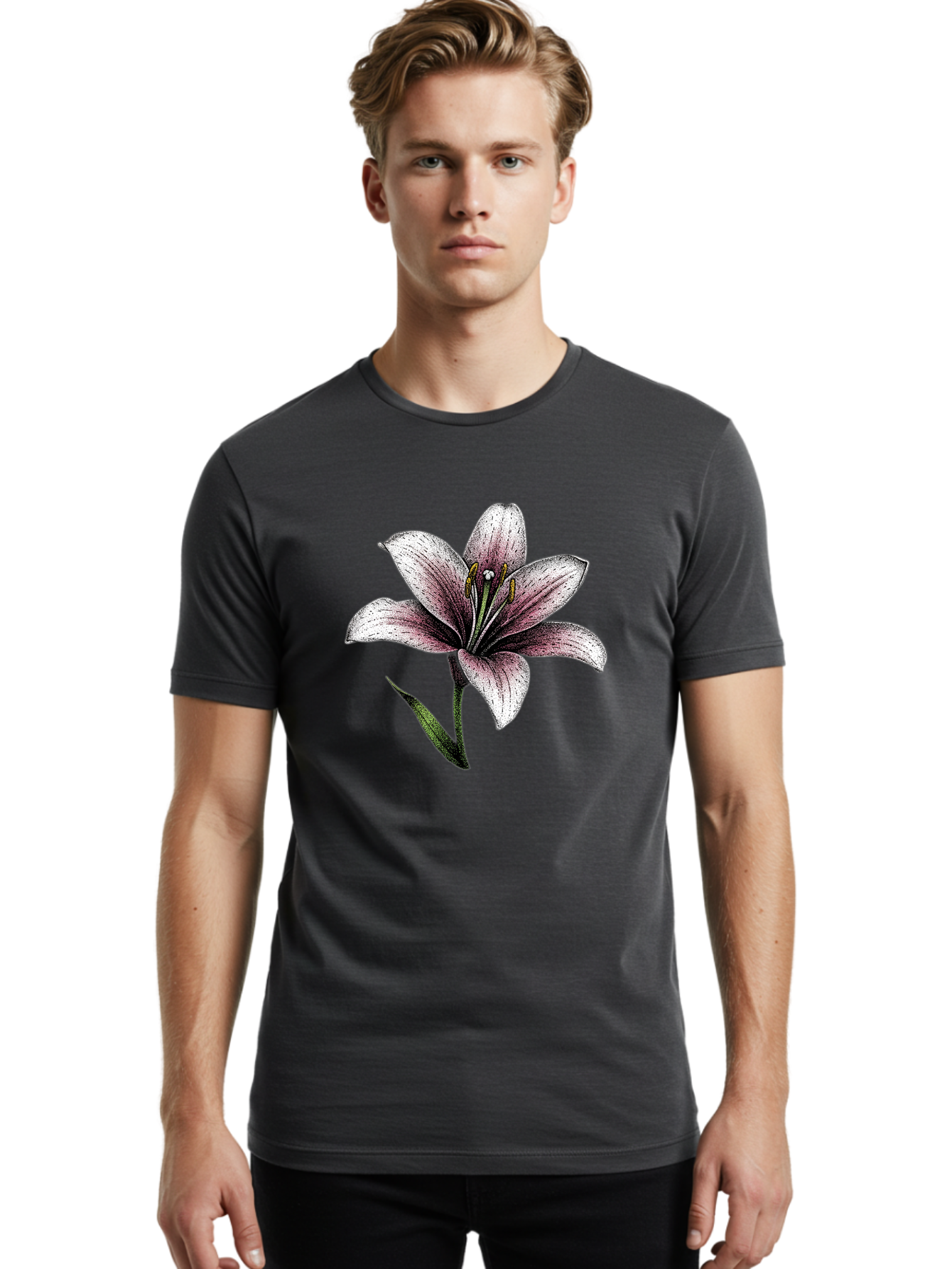 Lily-1 Men'S Graphic Tee, 100% Cotton, Comfortable Casual Summer Wear, Machine Washable, Lily Flower, Elegant Bloom, White And Purple Petals, Botanical Illustration, Delicate Stamens, Floral Beauty, Vintage Art, Flower Drawing Baa921