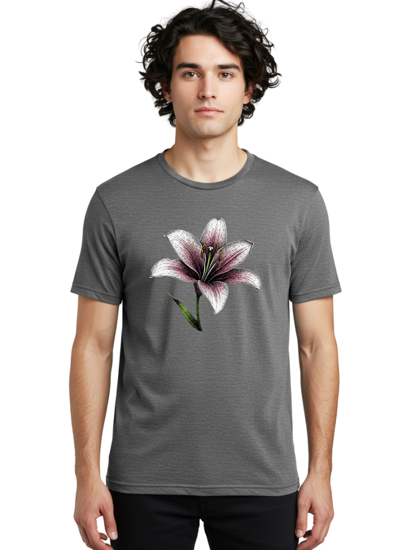 Lily-1 Men'S Graphic Tee, 100% Cotton, Comfortable Casual Summer Wear, Machine Washable, Lily Flower, Elegant Bloom, White And Purple Petals, Botanical Illustration, Delicate Stamens, Floral Beauty, Vintage Art, Flower Drawing Baa921
