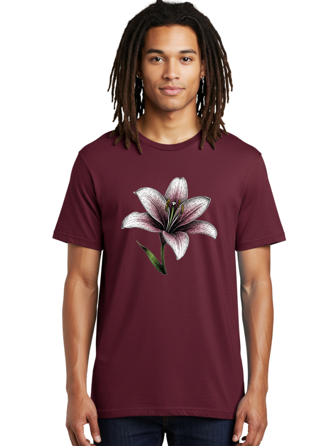Lily-1 Men'S Graphic Tee, 100% Cotton, Comfortable Casual Summer Wear, Machine Washable, Lily Flower, Elegant Bloom, White And Purple Petals, Botanical Illustration, Delicate Stamens, Floral Beauty, Vintage Art, Flower Drawing Baa921