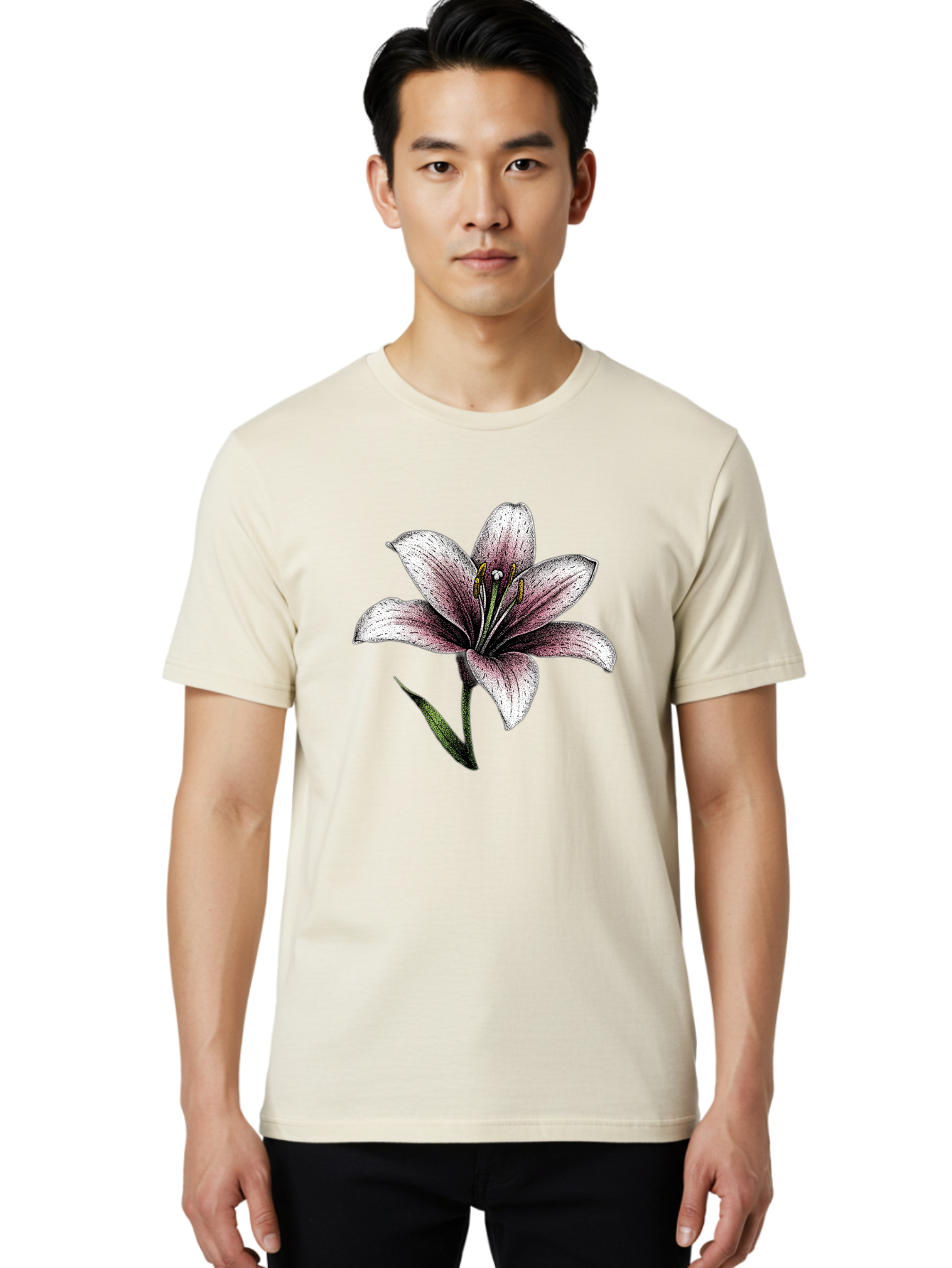 Lily-1 Men'S Graphic Tee, 100% Cotton, Comfortable Casual Summer Wear, Machine Washable, Lily Flower, Elegant Bloom, White And Purple Petals, Botanical Illustration, Delicate Stamens, Floral Beauty, Vintage Art, Flower Drawing Baa921