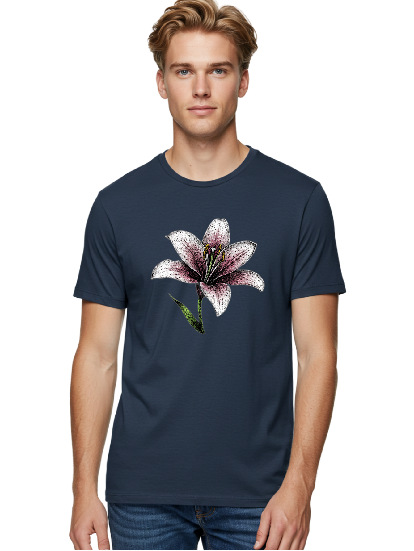 Lily-1 Men'S Graphic Tee, 100% Cotton, Comfortable Casual Summer Wear, Machine Washable, Lily Flower, Elegant Bloom, White And Purple Petals, Botanical Illustration, Delicate Stamens, Floral Beauty, Vintage Art, Flower Drawing Baa921