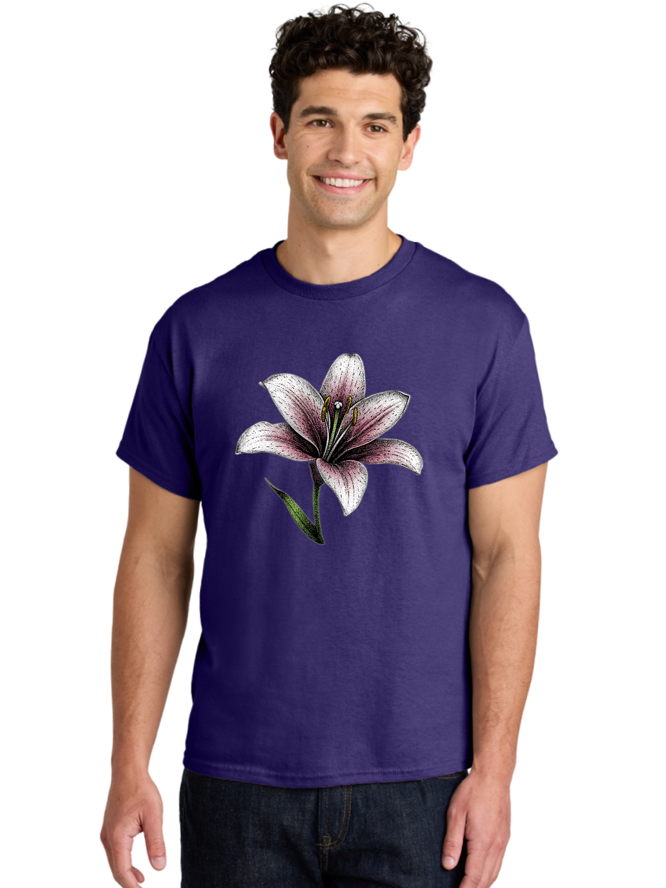 Lily-1 Men'S Graphic Tee, 100% Cotton, Comfortable Casual Summer Wear, Machine Washable, Lily Flower, Elegant Bloom, White And Purple Petals, Botanical Illustration, Delicate Stamens, Floral Beauty, Vintage Art, Flower Drawing Baa921