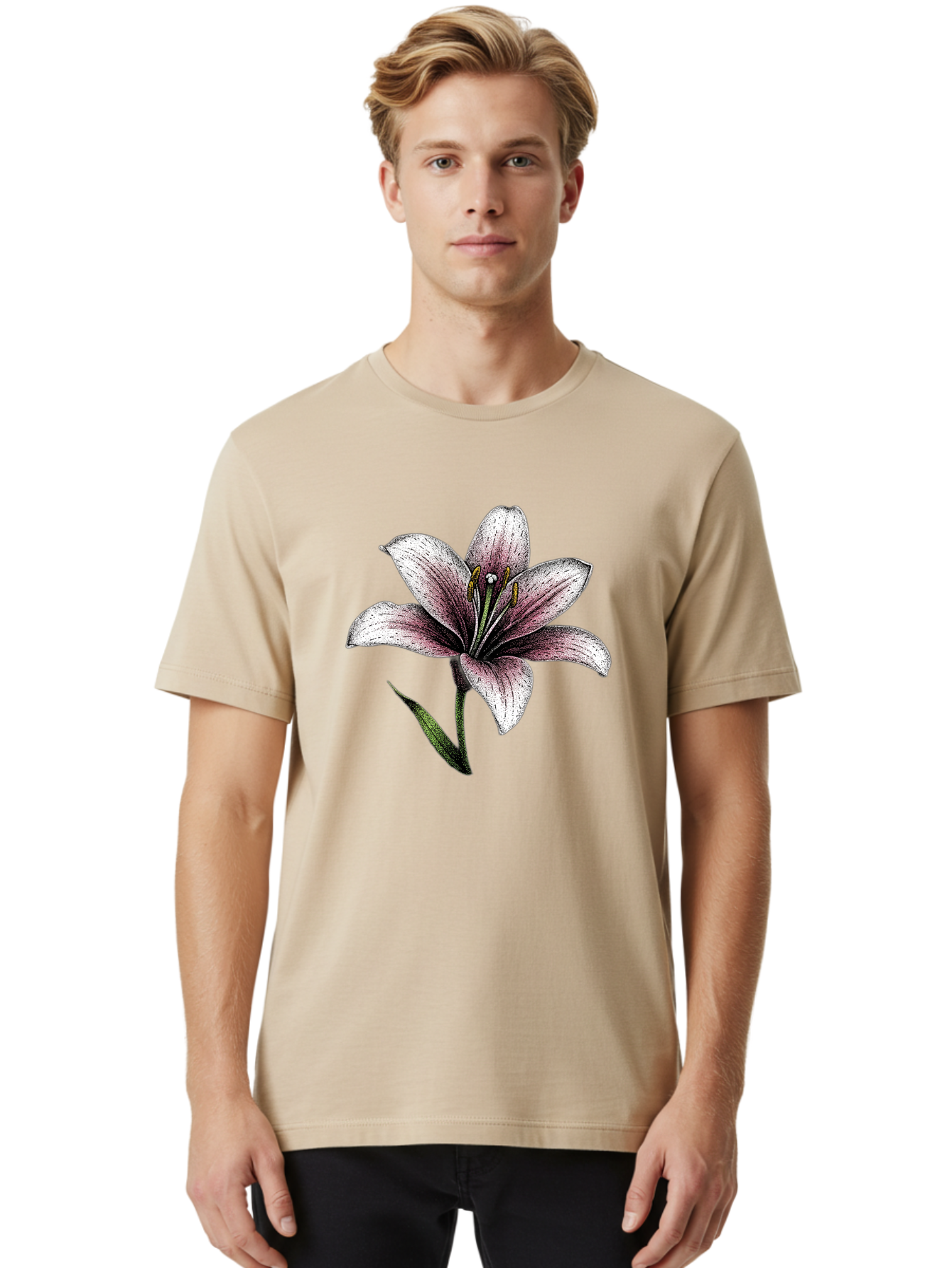 Lily-1 Men'S Graphic Tee, 100% Cotton, Comfortable Casual Summer Wear, Machine Washable, Lily Flower, Elegant Bloom, White And Purple Petals, Botanical Illustration, Delicate Stamens, Floral Beauty, Vintage Art, Flower Drawing Baa921