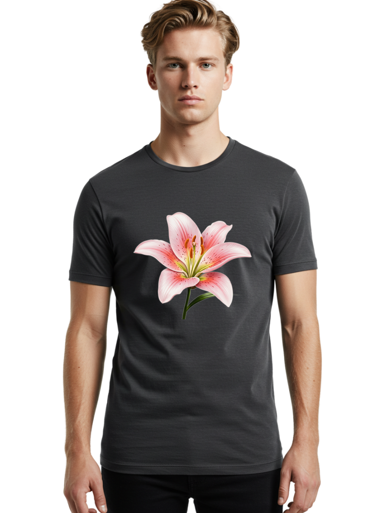 Lily Men'S Graphic Tee, 100% Cotton, Comfortable Casual Summer Wear, Machine Washable, Pink Lily, Floral Beauty, Delicate Petals, Yellow Stamens, Botanical Art, Flower Illustration, Soft Pink Hues, Elegant Bloom Baa922