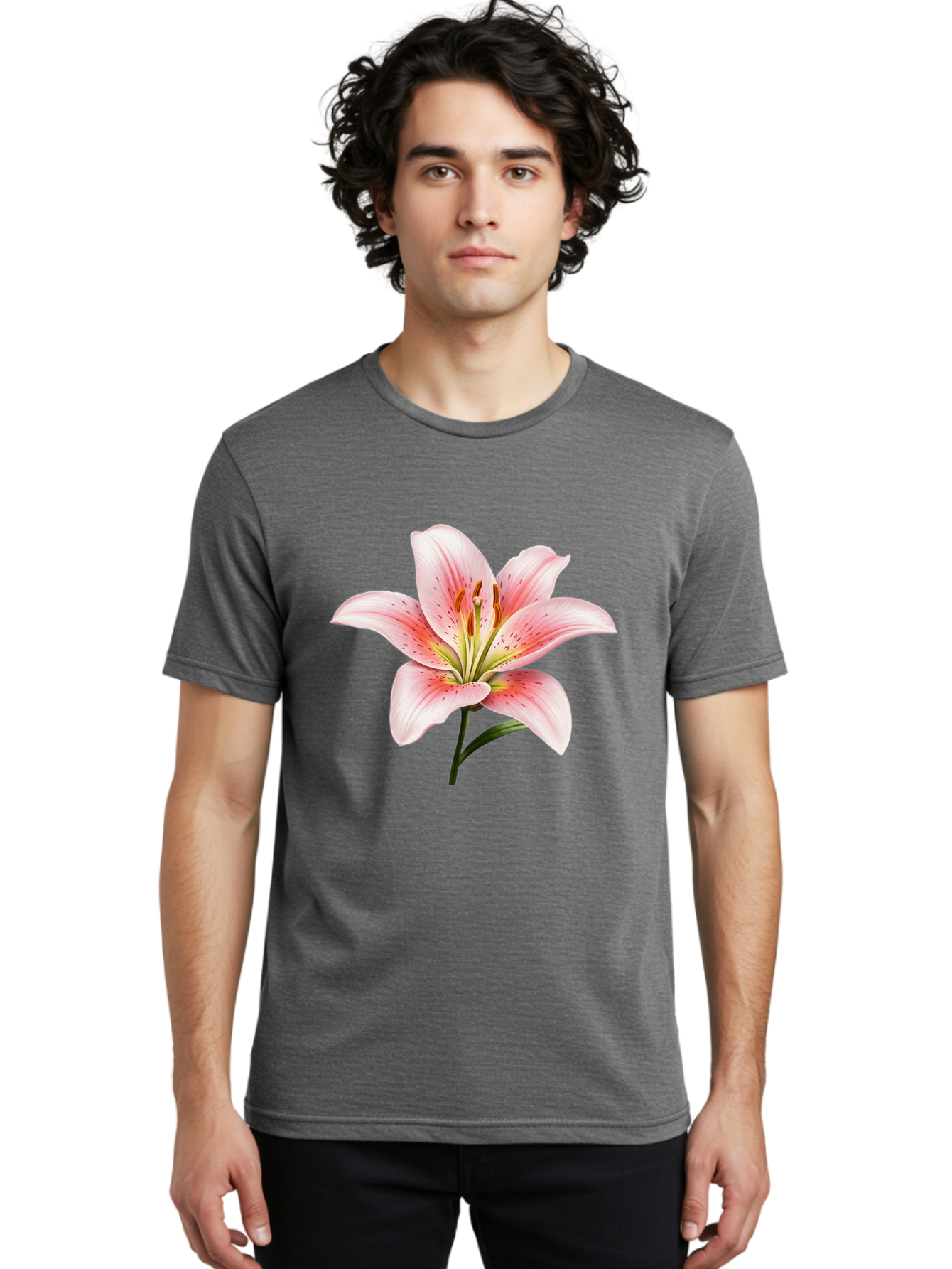 Lily Men'S Graphic Tee, 100% Cotton, Comfortable Casual Summer Wear, Machine Washable, Pink Lily, Floral Beauty, Delicate Petals, Yellow Stamens, Botanical Art, Flower Illustration, Soft Pink Hues, Elegant Bloom Baa922
