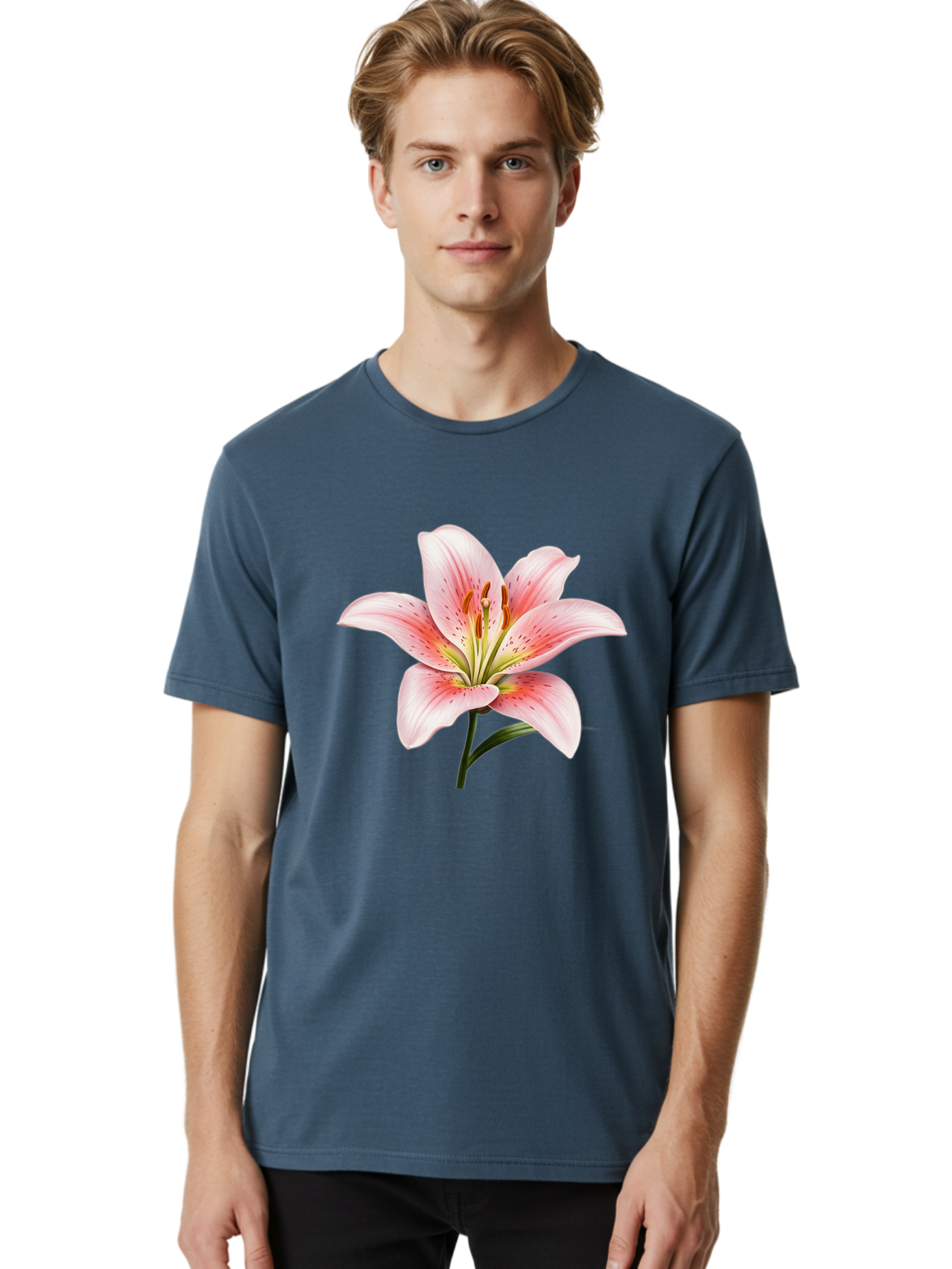 Lily Men'S Graphic Tee, 100% Cotton, Comfortable Casual Summer Wear, Machine Washable, Pink Lily, Floral Beauty, Delicate Petals, Yellow Stamens, Botanical Art, Flower Illustration, Soft Pink Hues, Elegant Bloom Baa922
