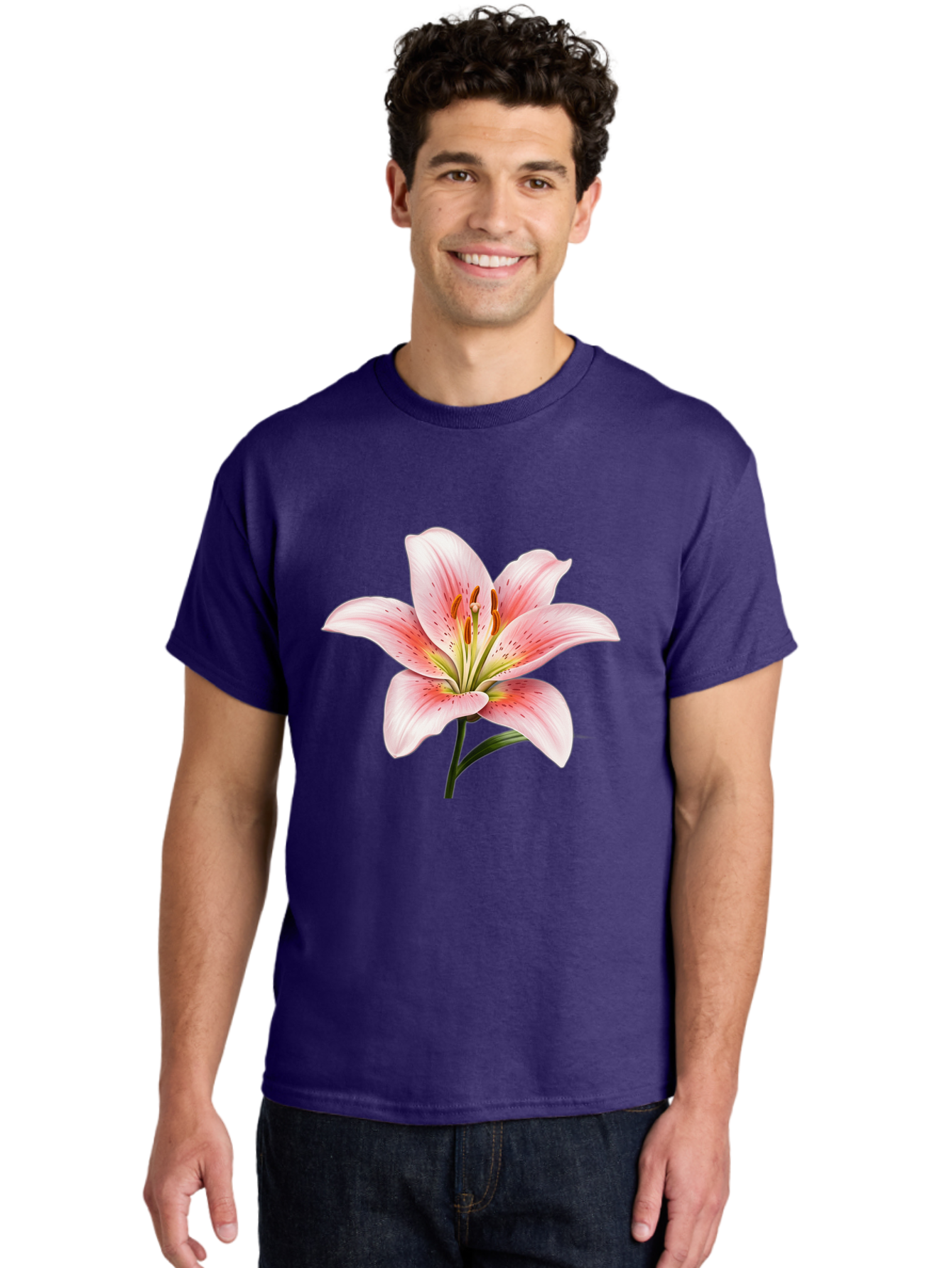 Lily Men'S Graphic Tee, 100% Cotton, Comfortable Casual Summer Wear, Machine Washable, Pink Lily, Floral Beauty, Delicate Petals, Yellow Stamens, Botanical Art, Flower Illustration, Soft Pink Hues, Elegant Bloom Baa922