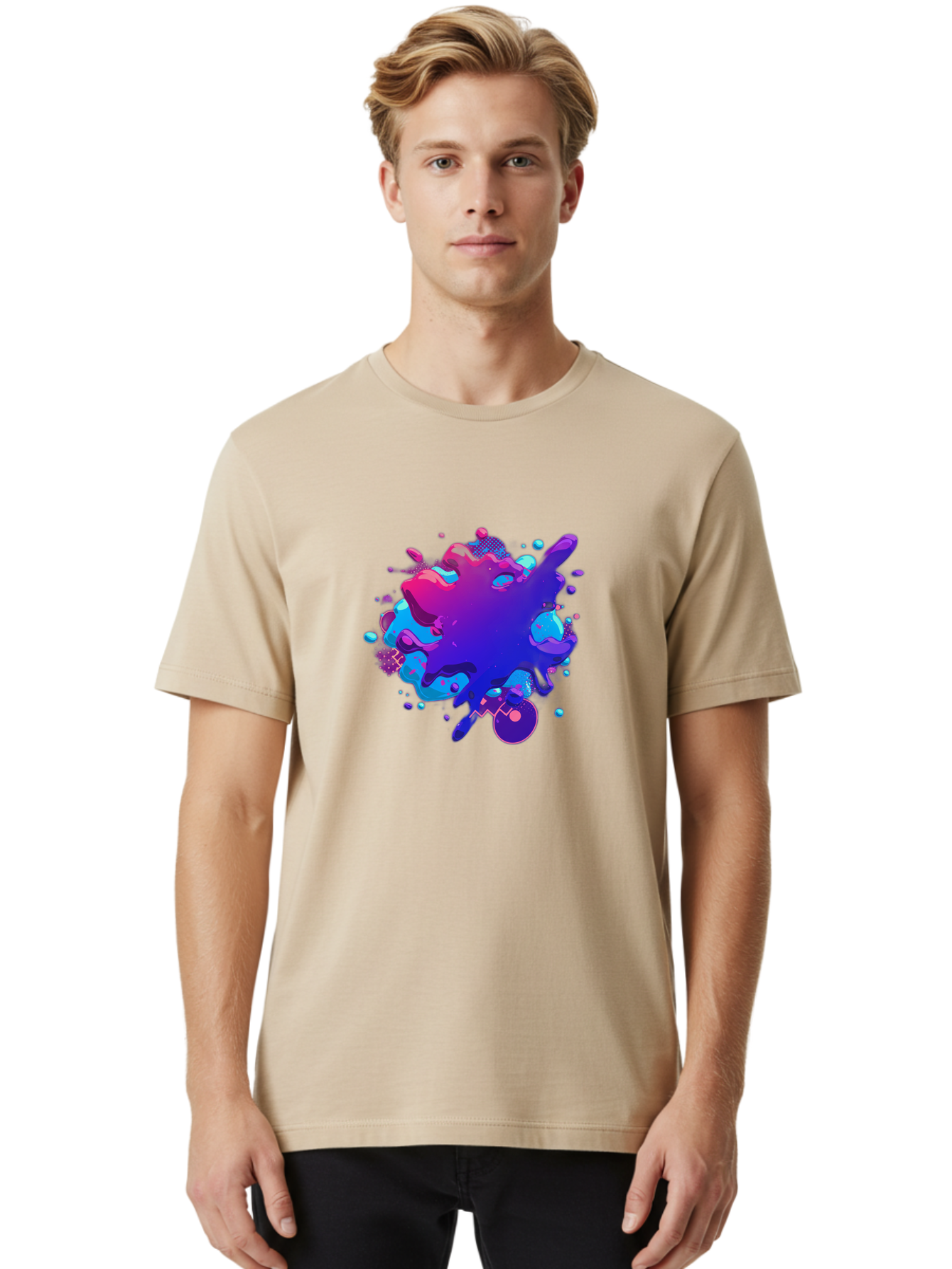 Liquid-Splash Men'S Graphic Tee, 100% Cotton, Comfortable Casual Summer Wear, Machine Washable, Purple Paint Splash, Vibrant Colors, Abstract Design, Fluid Art, Dynamic Shapes, Creative Expression, Colorful Splatter, Artistic Splash Baa923