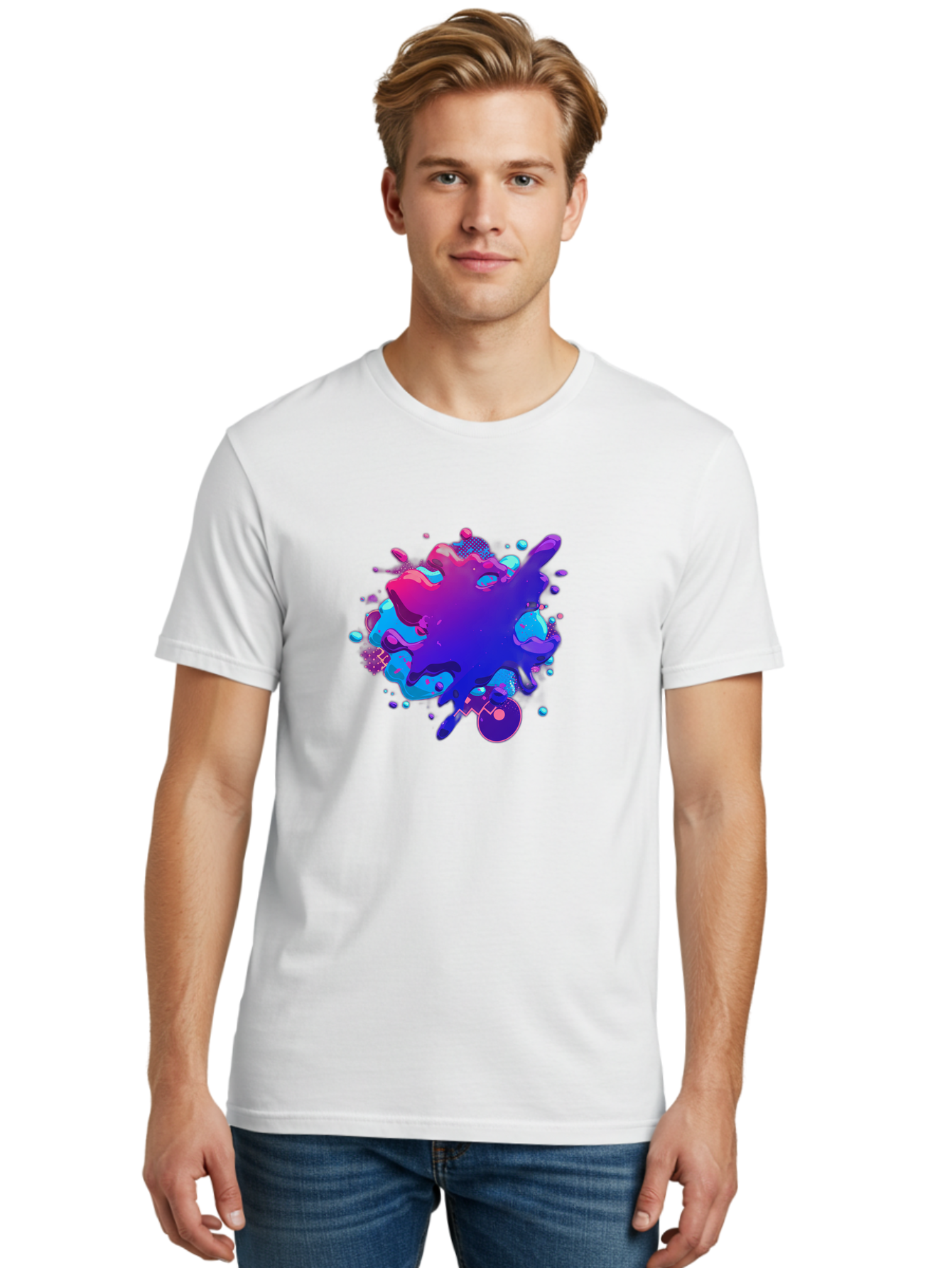 Liquid-Splash Men'S Graphic Tee, 100% Cotton, Comfortable Casual Summer Wear, Machine Washable, Purple Paint Splash, Vibrant Colors, Abstract Design, Fluid Art, Dynamic Shapes, Creative Expression, Colorful Splatter, Artistic Splash Baa923