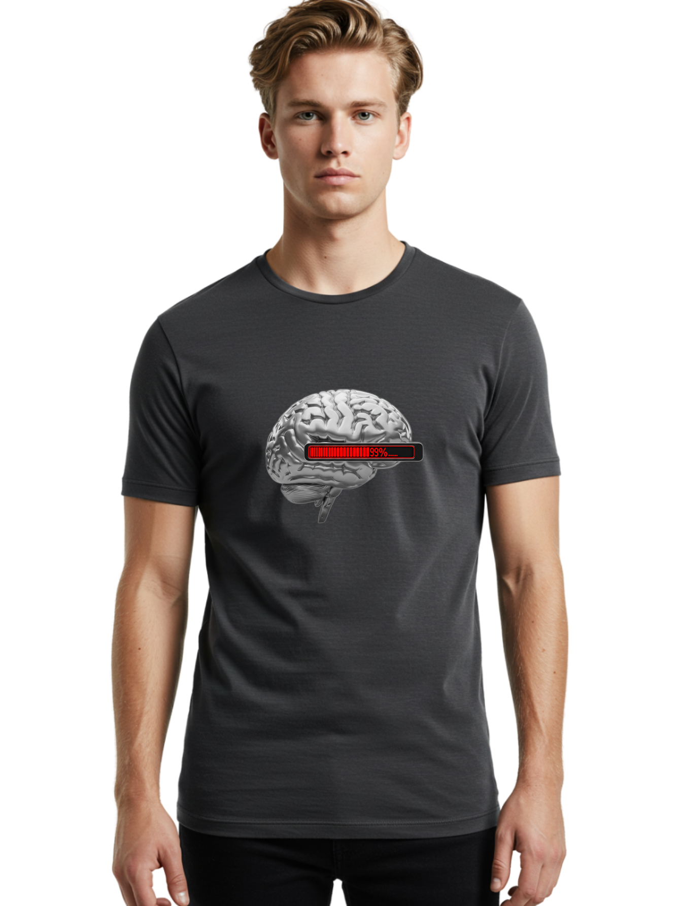 Loading-Brain-1 Men'S Graphic Tee, 100% Cotton, Comfortable Casual Summer Wear, Machine Washable, Human Brain, Loading Bar, Progress Indicator, 99% Complete, Grey Brain, Futuristic Concept, Technology Integration, Cognitive Processing, Baa924