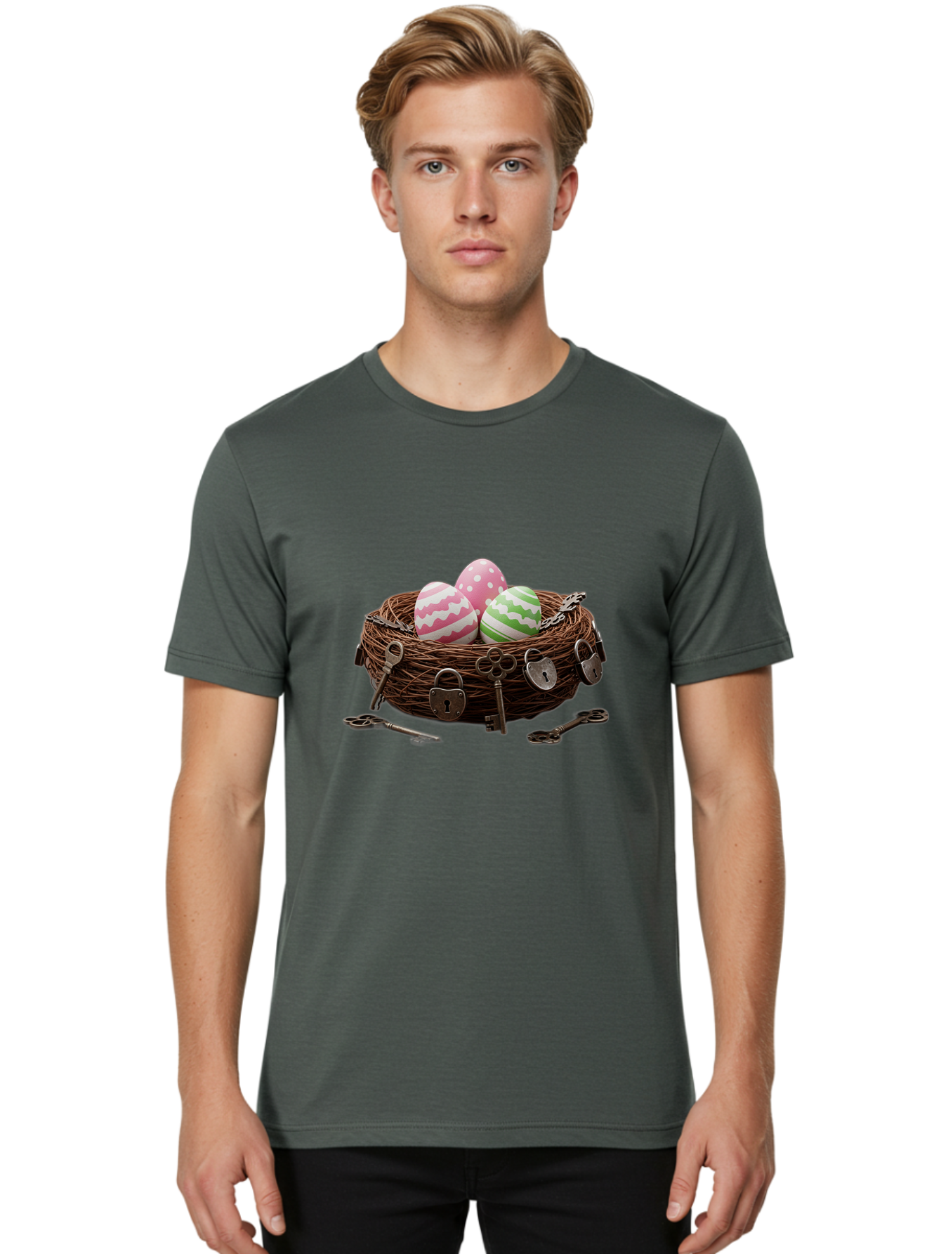 Locked-Nest-With-Easter-Eggs Men'S Graphic Tee, 100% Cotton, Comfortable Casual Summer Wear, Machine Washable, Easter Eggs In A Nest, Locked Nest, Vintage Keys, Padlocks, Easter Decorations, Spring Theme, Symbolic Eggs, Retro Style, Baa927