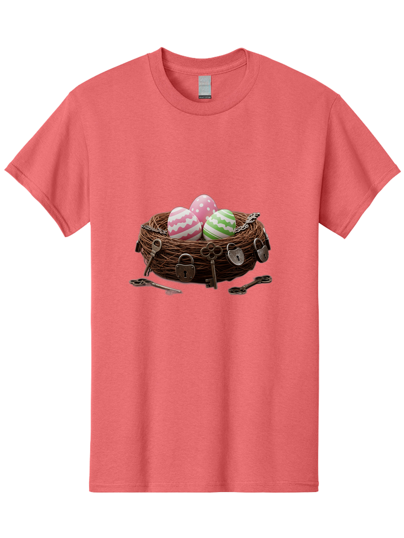 Locked-Nest-With-Easter-Eggs Men'S Graphic Tee, 100% Cotton, Comfortable Casual Summer Wear, Machine Washable, Easter Eggs In A Nest, Locked Nest, Vintage Keys, Padlocks, Easter Decorations, Spring Theme, Symbolic Eggs, Retro Style, Baa927