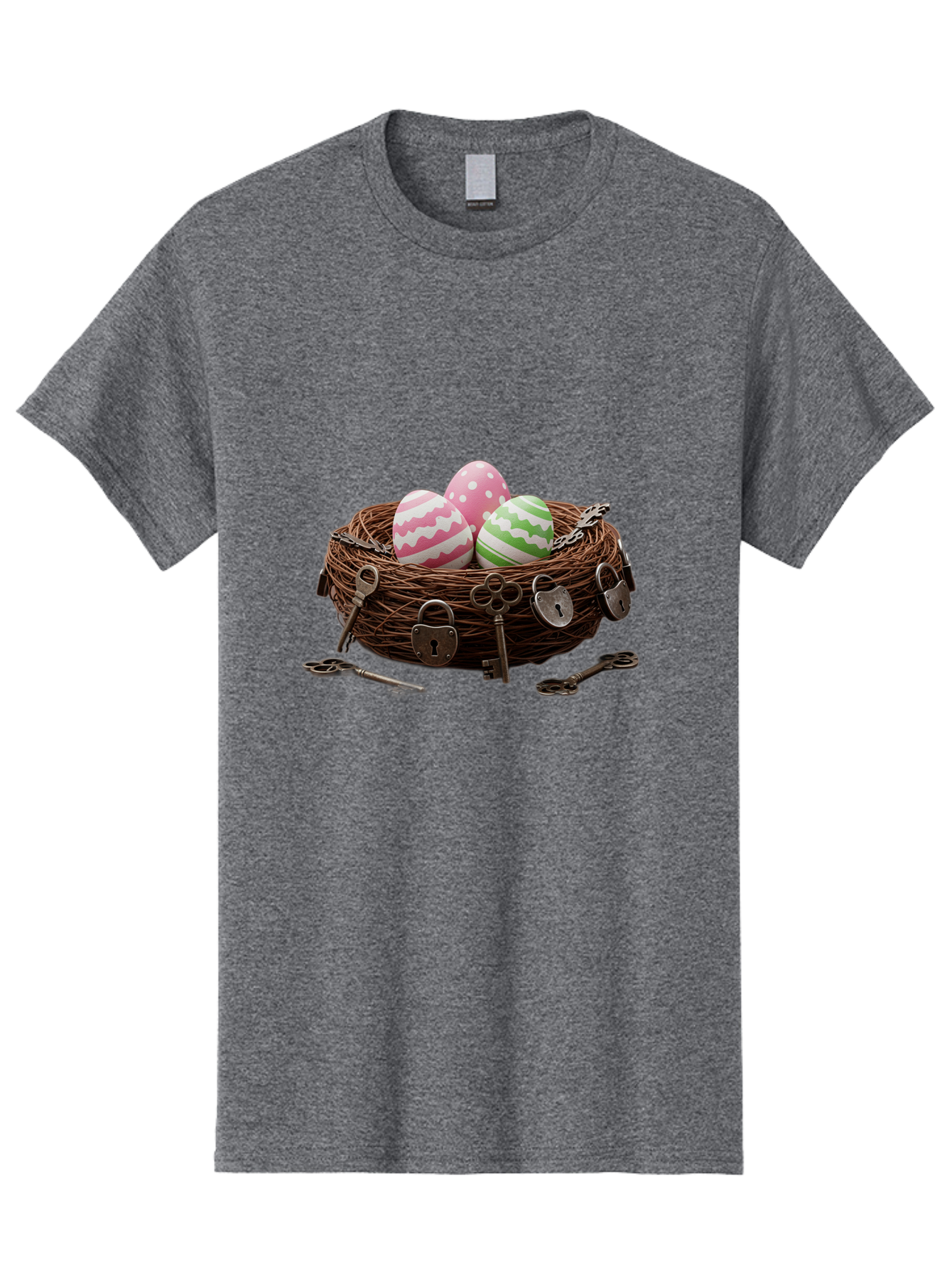 Locked-Nest-With-Easter-Eggs Men'S Graphic Tee, 100% Cotton, Comfortable Casual Summer Wear, Machine Washable, Easter Eggs In A Nest, Locked Nest, Vintage Keys, Padlocks, Easter Decorations, Spring Theme, Symbolic Eggs, Retro Style, Baa927