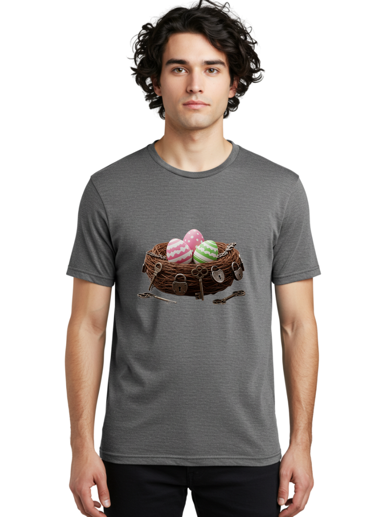 Locked-Nest-With-Easter-Eggs Men'S Graphic Tee, 100% Cotton, Comfortable Casual Summer Wear, Machine Washable, Easter Eggs In A Nest, Locked Nest, Vintage Keys, Padlocks, Easter Decorations, Spring Theme, Symbolic Eggs, Retro Style, Baa927