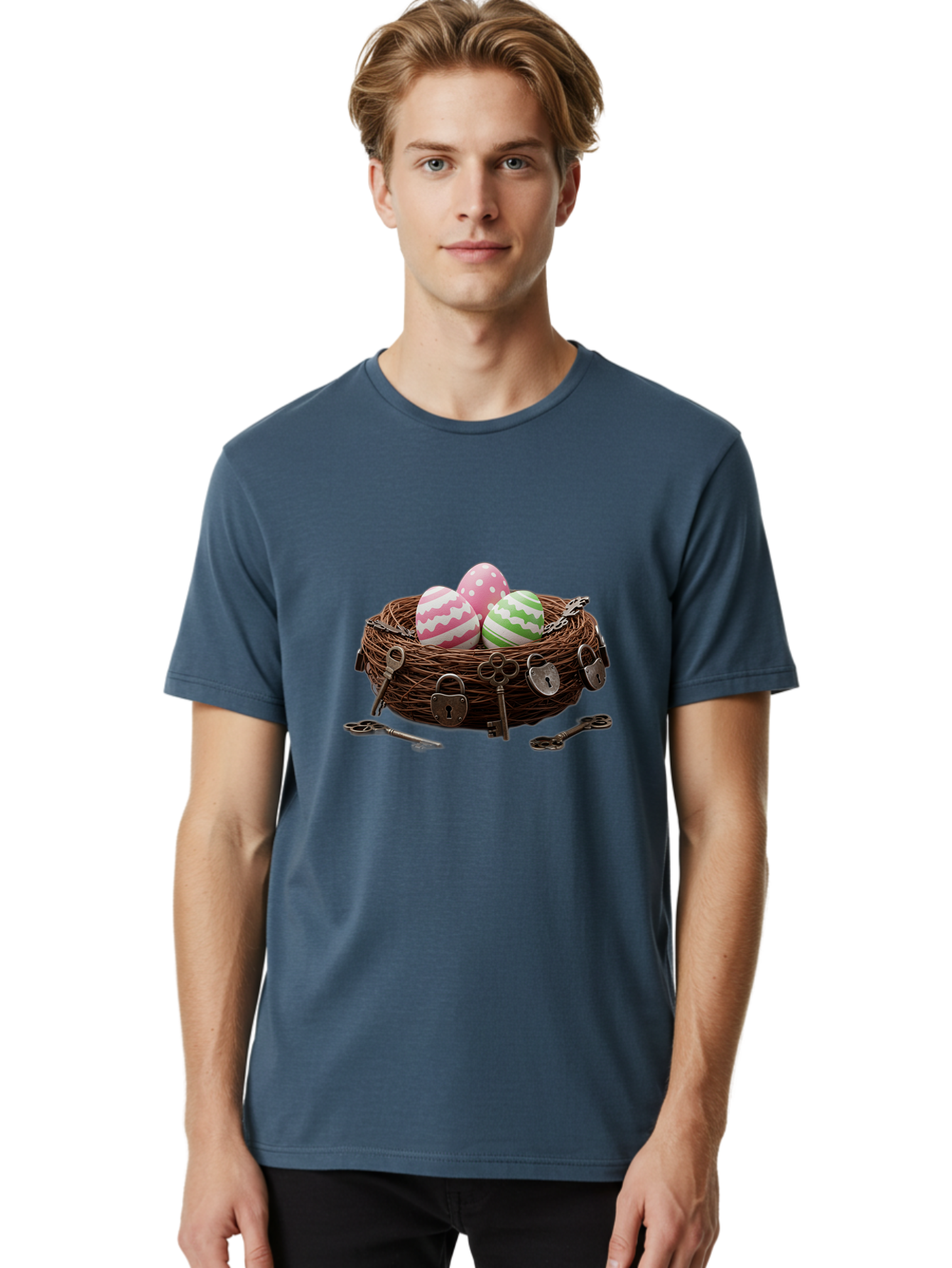 Locked-Nest-With-Easter-Eggs Men'S Graphic Tee, 100% Cotton, Comfortable Casual Summer Wear, Machine Washable, Easter Eggs In A Nest, Locked Nest, Vintage Keys, Padlocks, Easter Decorations, Spring Theme, Symbolic Eggs, Retro Style, Baa927