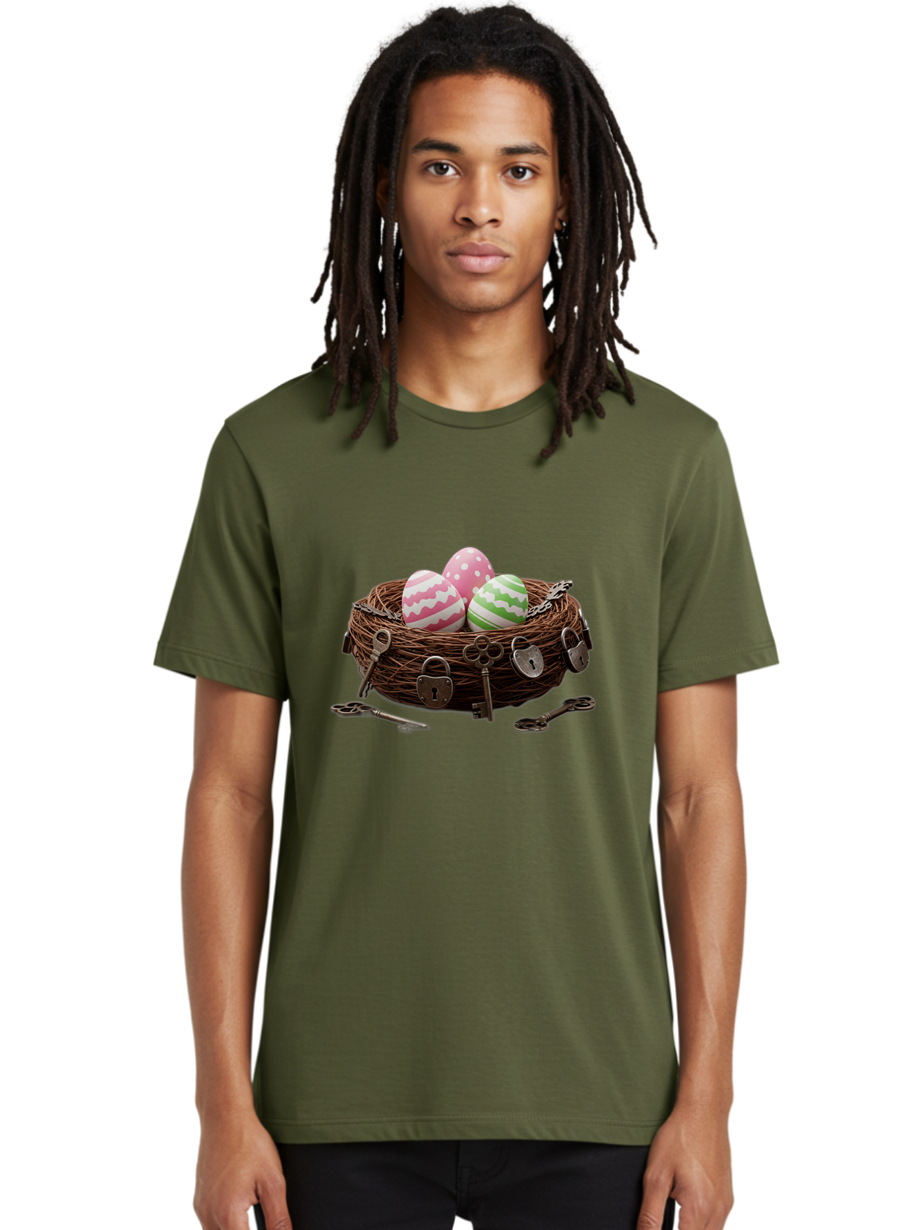 Locked-Nest-With-Easter-Eggs Men'S Graphic Tee, 100% Cotton, Comfortable Casual Summer Wear, Machine Washable, Easter Eggs In A Nest, Locked Nest, Vintage Keys, Padlocks, Easter Decorations, Spring Theme, Symbolic Eggs, Retro Style, Baa927