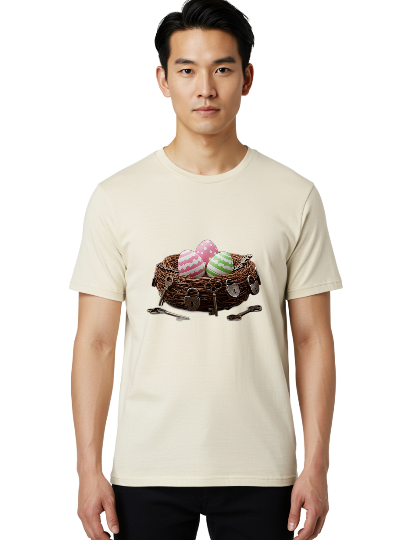 Locked-Nest-With-Easter-Eggs Men'S Graphic Tee, 100% Cotton, Comfortable Casual Summer Wear, Machine Washable, Easter Eggs In A Nest, Locked Nest, Vintage Keys, Padlocks, Easter Decorations, Spring Theme, Symbolic Eggs, Retro Style, Baa927