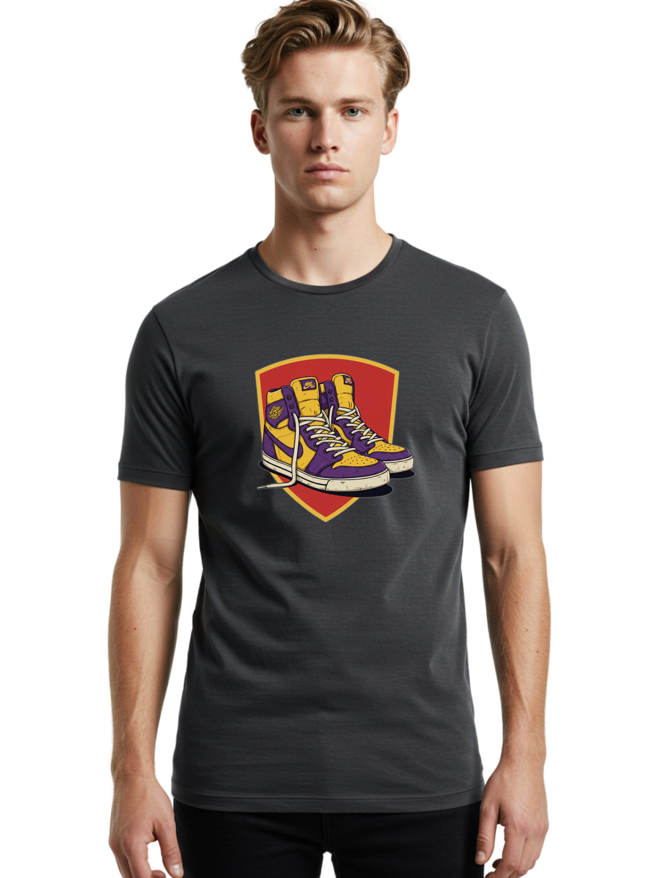 Los-Angeles-Lakers Men'S Graphic Tee, 100% Cotton, Comfortable Casual Summer Wear, Machine Washable, Purple And Yellow Air Jordan Sneakers, Nike Logo, Yellow And Purple Color Scheme, White Laces, Athletic Footwear, Sports Shoes, Baa928