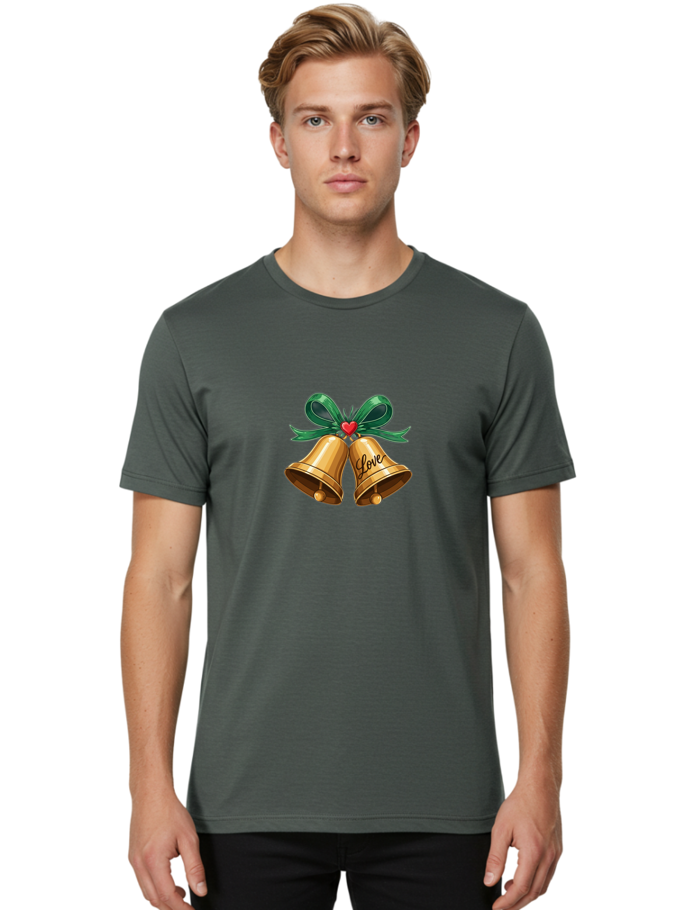 Love-Bells-1 Men'S Graphic Tee, 100% Cotton, Comfortable Casual Summer Wear, Machine Washable, Golden Bells, Love Message, Red Heart, Green Ribbon, Festive Decoration, Symbol Of Love, Wedding Bells, Holiday Decor, Charming Illustration, Baa931