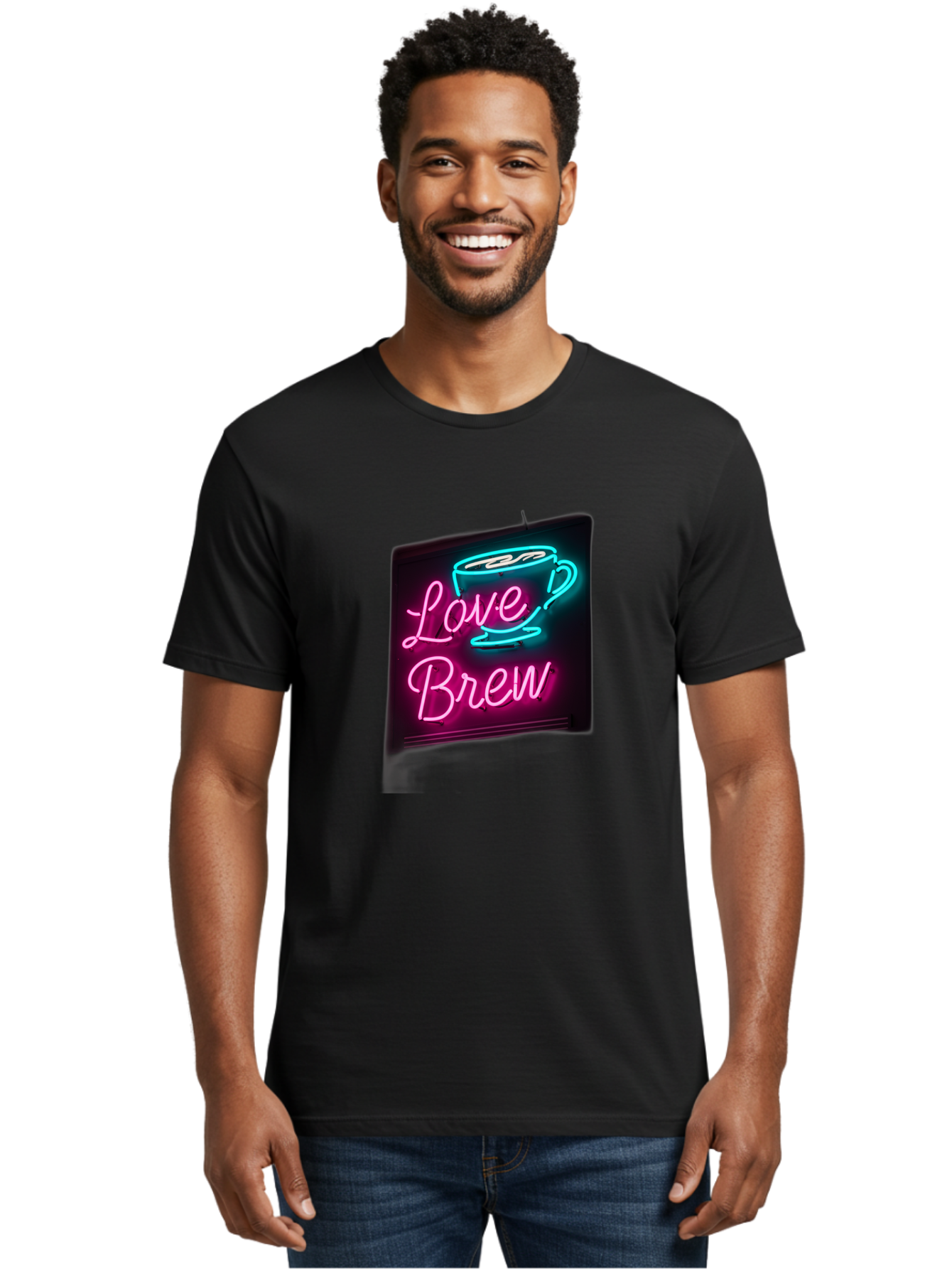 Love-Brew Men'S Graphic Tee, 100% Cotton, Comfortable Casual Summer Wear, Machine Washable, Neon Sign, Coffee Cup, Love Brew, Coffee Culture, Cafe Ambiance, Retro Advertisement, Nostalgic Decor, Coffee Lover, Vibrant Neon Lights, Baa933