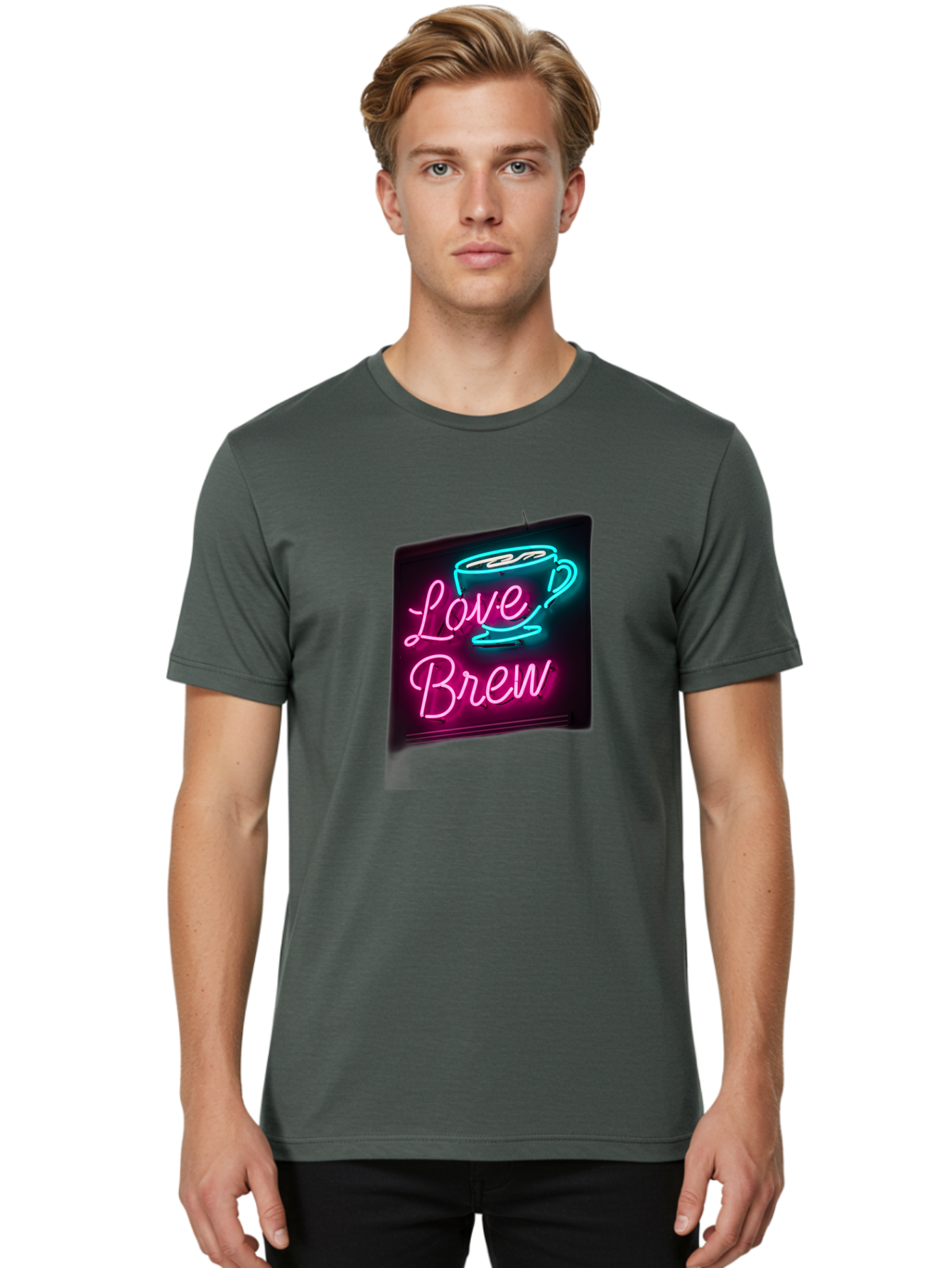 Love-Brew Men'S Graphic Tee, 100% Cotton, Comfortable Casual Summer Wear, Machine Washable, Neon Sign, Coffee Cup, Love Brew, Coffee Culture, Cafe Ambiance, Retro Advertisement, Nostalgic Decor, Coffee Lover, Vibrant Neon Lights, Baa933