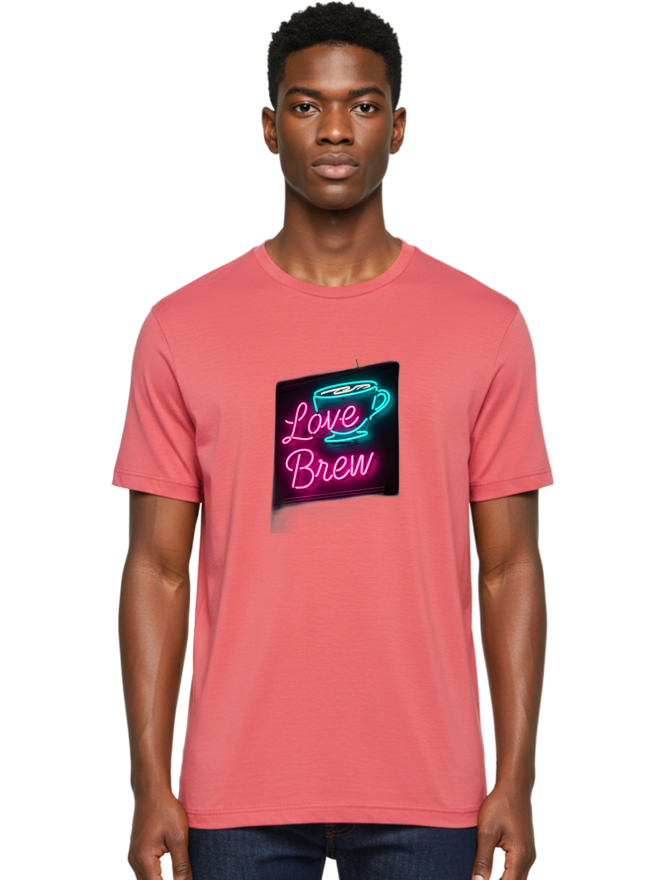 Love-Brew Men'S Graphic Tee, 100% Cotton, Comfortable Casual Summer Wear, Machine Washable, Neon Sign, Coffee Cup, Love Brew, Coffee Culture, Cafe Ambiance, Retro Advertisement, Nostalgic Decor, Coffee Lover, Vibrant Neon Lights, Baa933