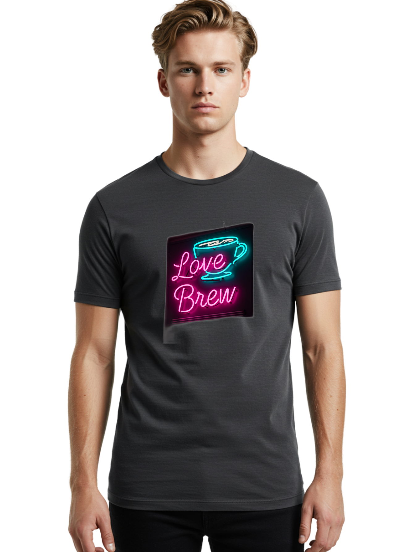 Love-Brew Men'S Graphic Tee, 100% Cotton, Comfortable Casual Summer Wear, Machine Washable, Neon Sign, Coffee Cup, Love Brew, Coffee Culture, Cafe Ambiance, Retro Advertisement, Nostalgic Decor, Coffee Lover, Vibrant Neon Lights, Baa933