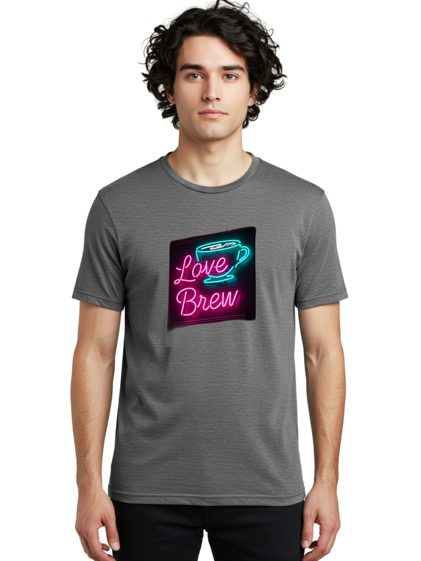 Love-Brew Men'S Graphic Tee, 100% Cotton, Comfortable Casual Summer Wear, Machine Washable, Neon Sign, Coffee Cup, Love Brew, Coffee Culture, Cafe Ambiance, Retro Advertisement, Nostalgic Decor, Coffee Lover, Vibrant Neon Lights, Baa933