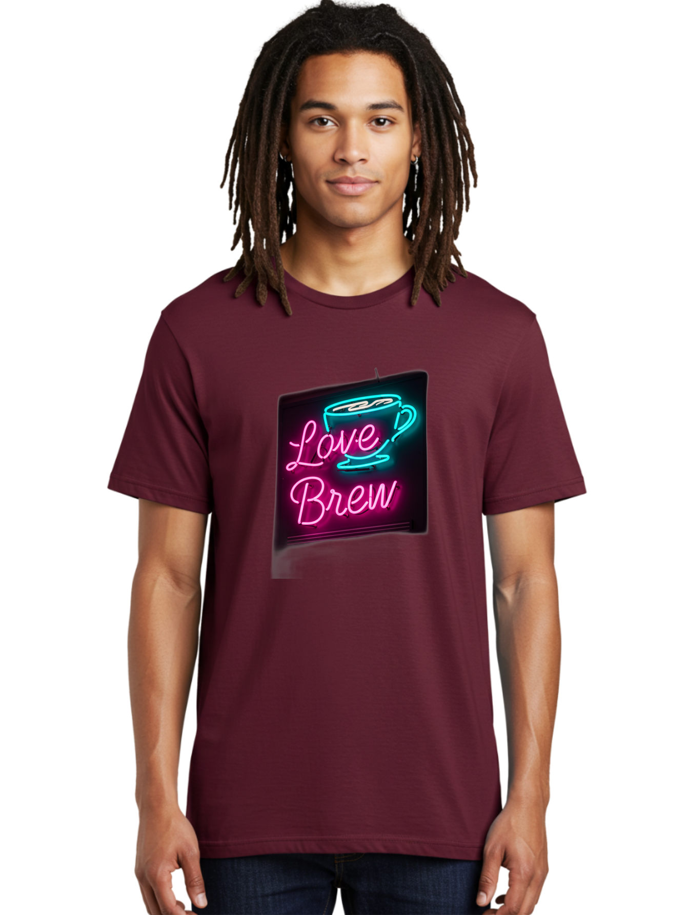 Love-Brew Men'S Graphic Tee, 100% Cotton, Comfortable Casual Summer Wear, Machine Washable, Neon Sign, Coffee Cup, Love Brew, Coffee Culture, Cafe Ambiance, Retro Advertisement, Nostalgic Decor, Coffee Lover, Vibrant Neon Lights, Baa933