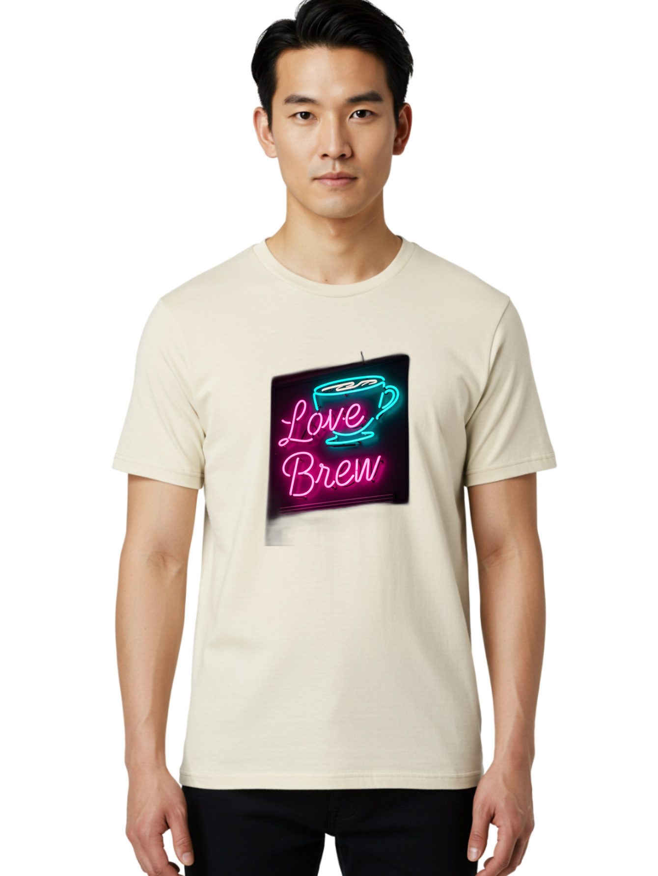 Love-Brew Men'S Graphic Tee, 100% Cotton, Comfortable Casual Summer Wear, Machine Washable, Neon Sign, Coffee Cup, Love Brew, Coffee Culture, Cafe Ambiance, Retro Advertisement, Nostalgic Decor, Coffee Lover, Vibrant Neon Lights, Baa933
