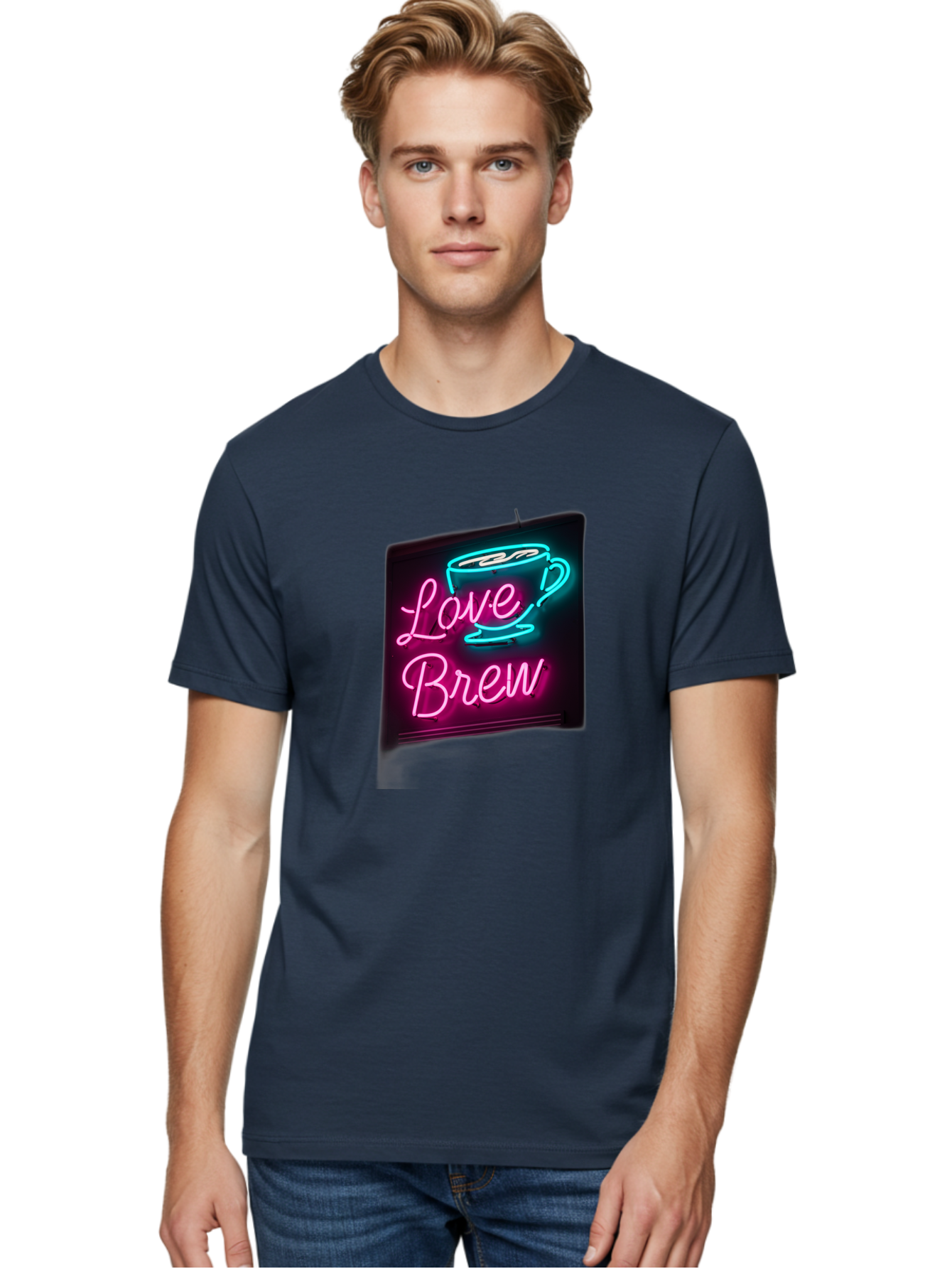 Love-Brew Men'S Graphic Tee, 100% Cotton, Comfortable Casual Summer Wear, Machine Washable, Neon Sign, Coffee Cup, Love Brew, Coffee Culture, Cafe Ambiance, Retro Advertisement, Nostalgic Decor, Coffee Lover, Vibrant Neon Lights, Baa933