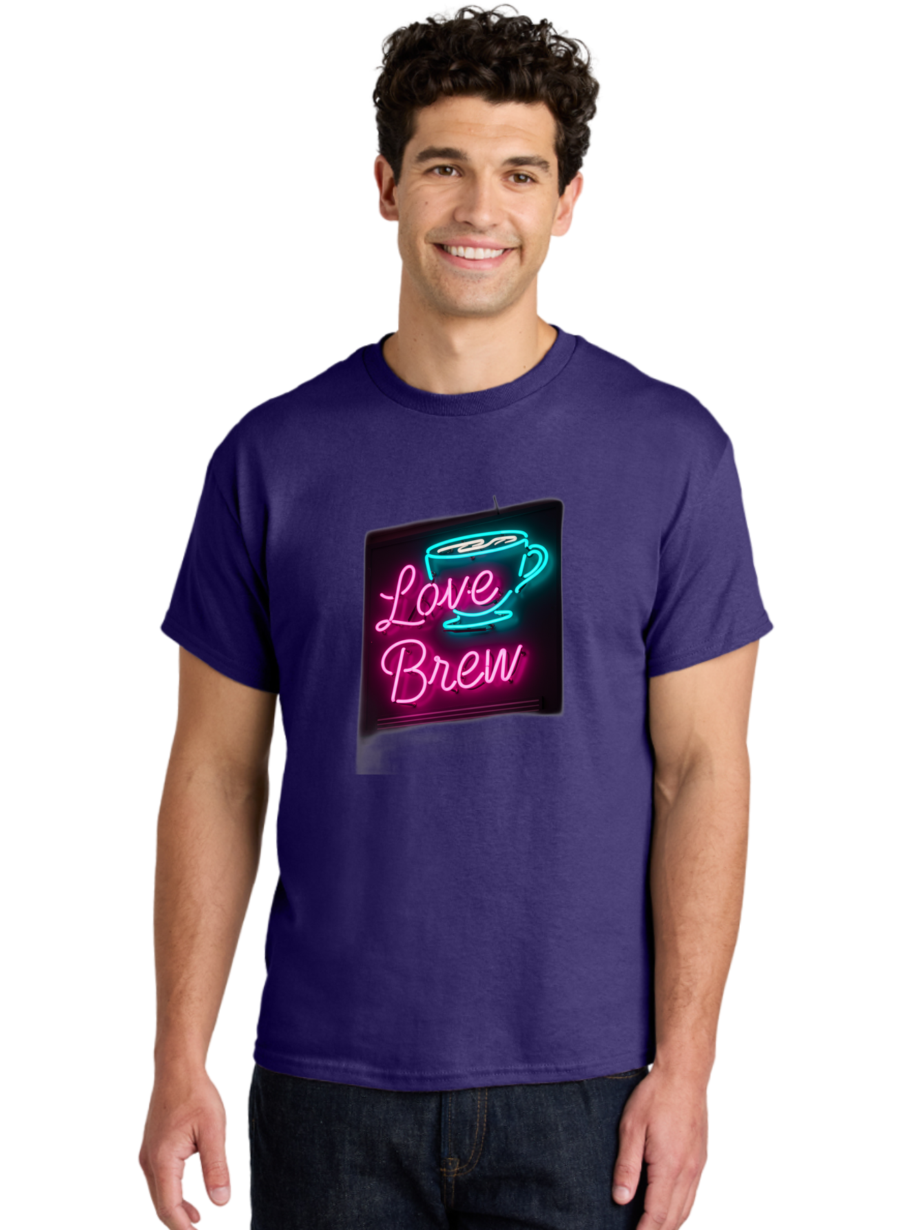 Love-Brew Men'S Graphic Tee, 100% Cotton, Comfortable Casual Summer Wear, Machine Washable, Neon Sign, Coffee Cup, Love Brew, Coffee Culture, Cafe Ambiance, Retro Advertisement, Nostalgic Decor, Coffee Lover, Vibrant Neon Lights, Baa933