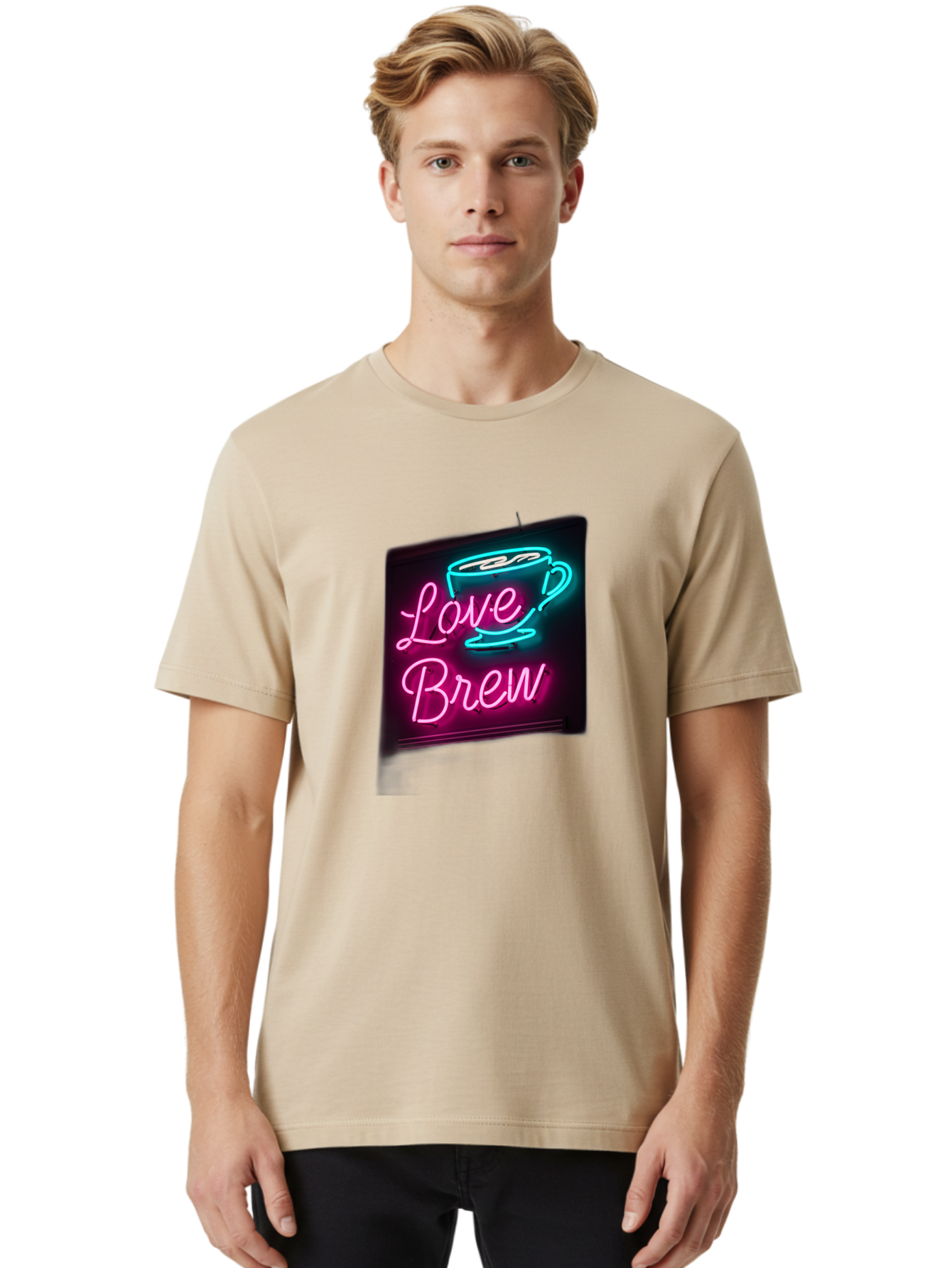 Love-Brew Men'S Graphic Tee, 100% Cotton, Comfortable Casual Summer Wear, Machine Washable, Neon Sign, Coffee Cup, Love Brew, Coffee Culture, Cafe Ambiance, Retro Advertisement, Nostalgic Decor, Coffee Lover, Vibrant Neon Lights, Baa933
