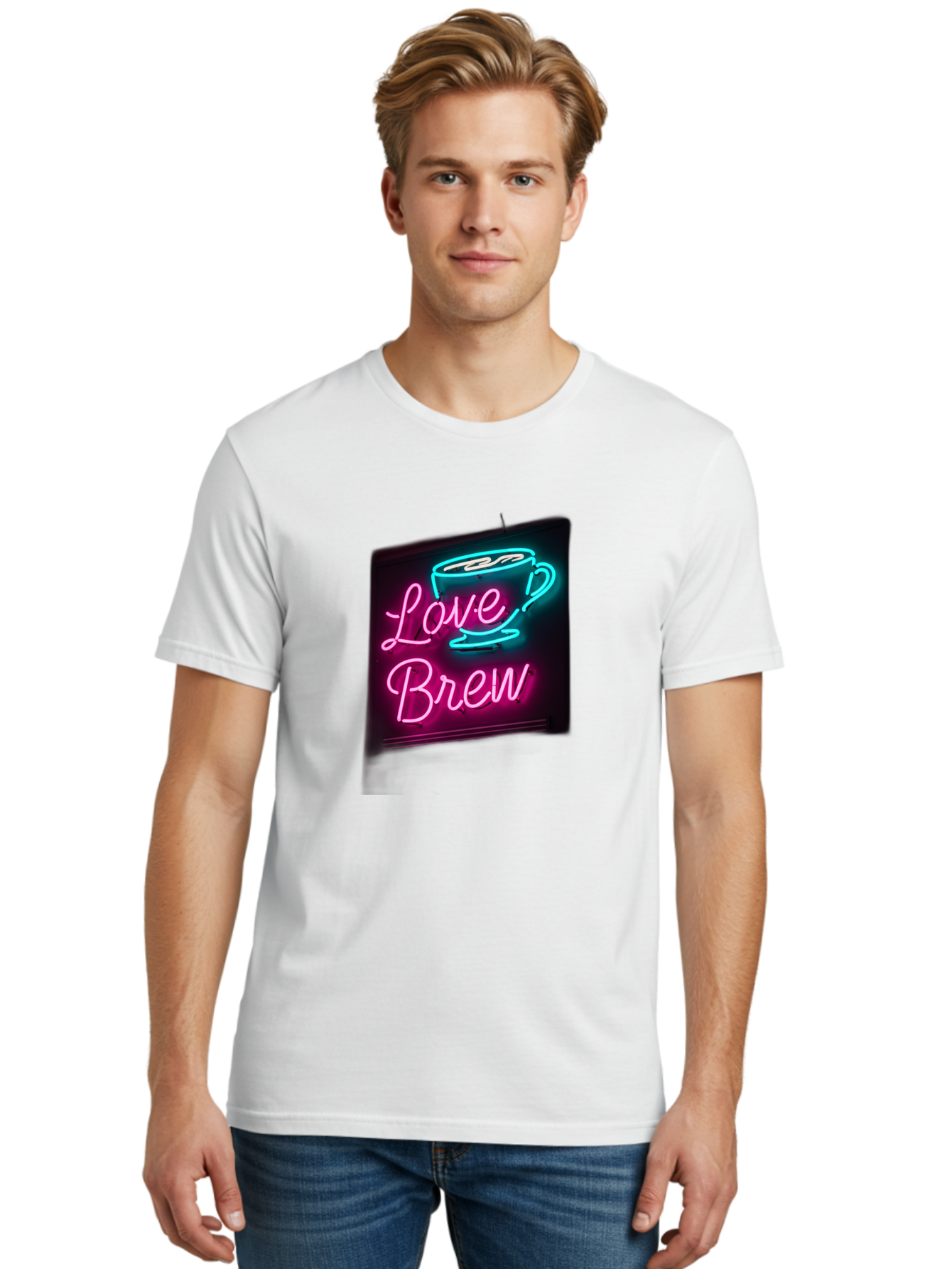 Love-Brew Men'S Graphic Tee, 100% Cotton, Comfortable Casual Summer Wear, Machine Washable, Neon Sign, Coffee Cup, Love Brew, Coffee Culture, Cafe Ambiance, Retro Advertisement, Nostalgic Decor, Coffee Lover, Vibrant Neon Lights, Baa933