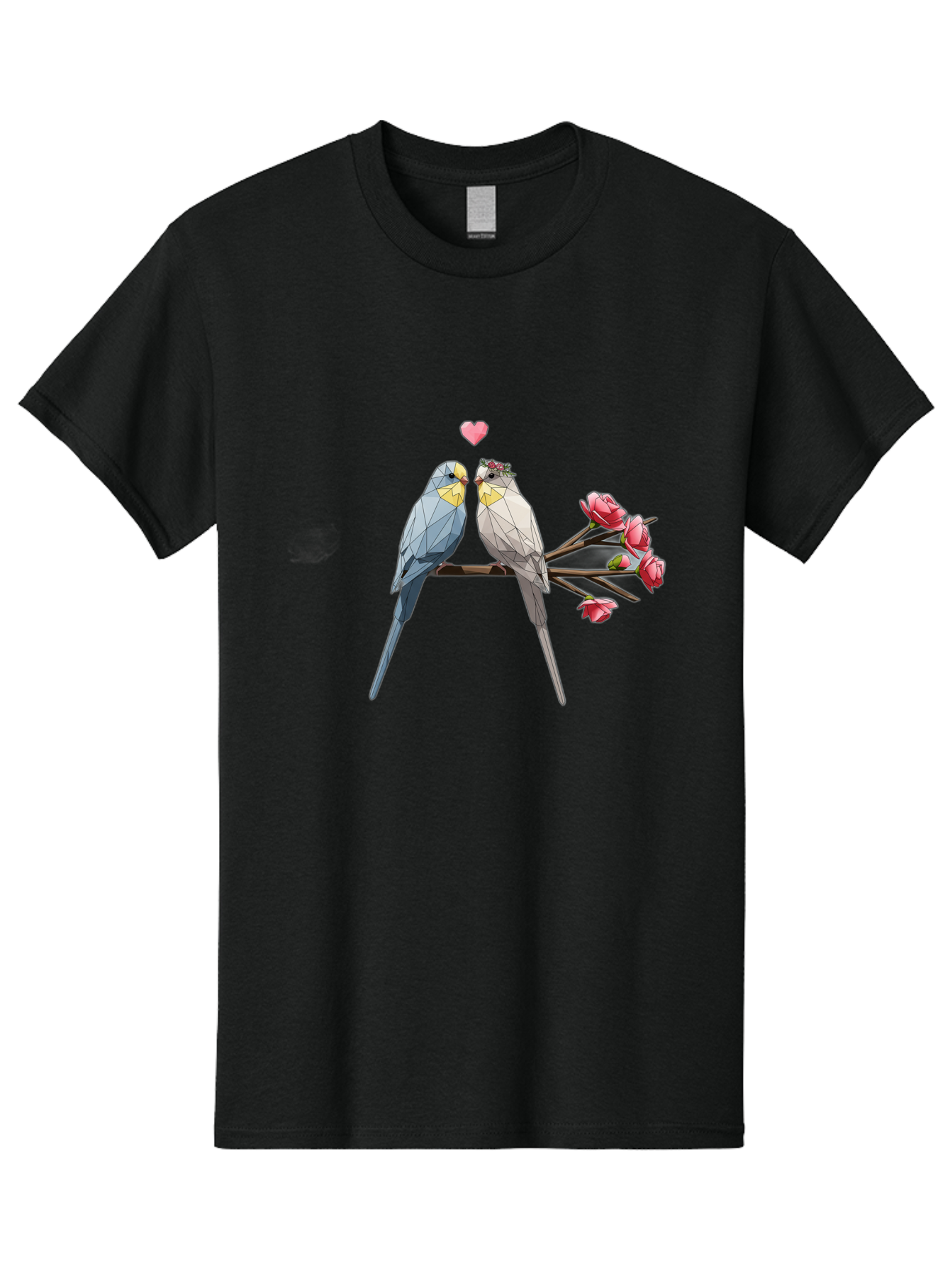 Lovebirds Men'S Graphic Tee, 100% Cotton, Comfortable Casual Summer Wear, Machine Washable, Low Poly Lovebirds, Pink Flowers, Couple Birds, Love Heart, Tender Moment, Geometric Art, Pastel Colors, Romantic Scene, Valentine'S Day Baa934