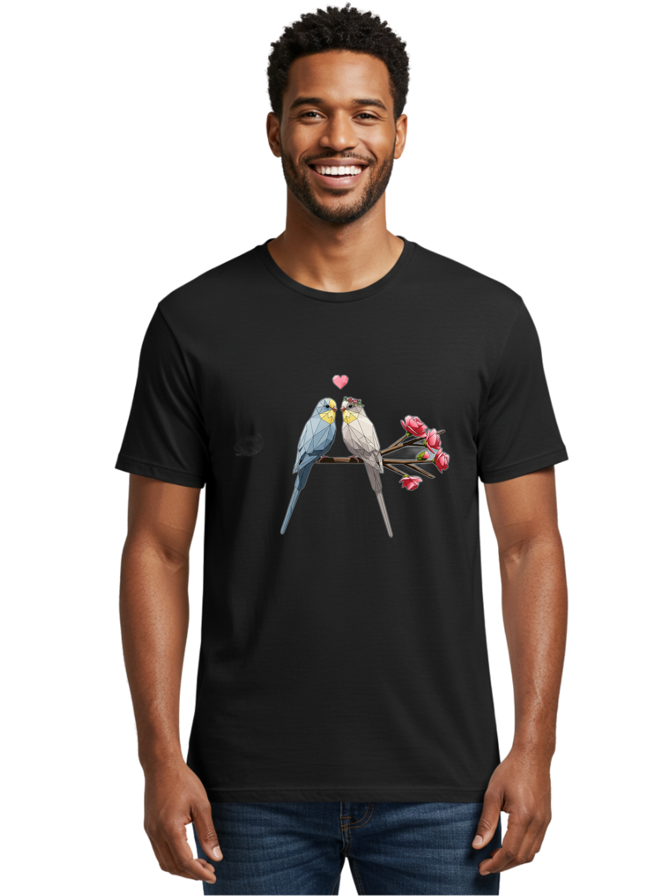 Lovebirds Men'S Graphic Tee, 100% Cotton, Comfortable Casual Summer Wear, Machine Washable, Low Poly Lovebirds, Pink Flowers, Couple Birds, Love Heart, Tender Moment, Geometric Art, Pastel Colors, Romantic Scene, Valentine'S Day Baa934