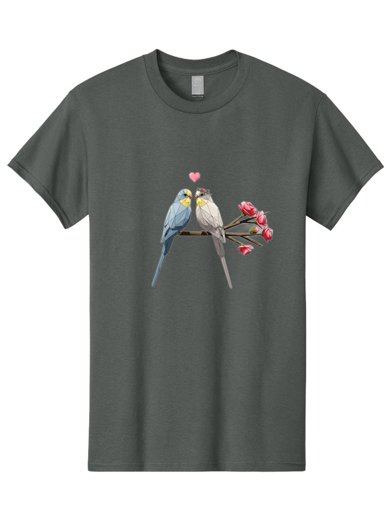 Lovebirds Men'S Graphic Tee, 100% Cotton, Comfortable Casual Summer Wear, Machine Washable, Low Poly Lovebirds, Pink Flowers, Couple Birds, Love Heart, Tender Moment, Geometric Art, Pastel Colors, Romantic Scene, Valentine'S Day Baa934
