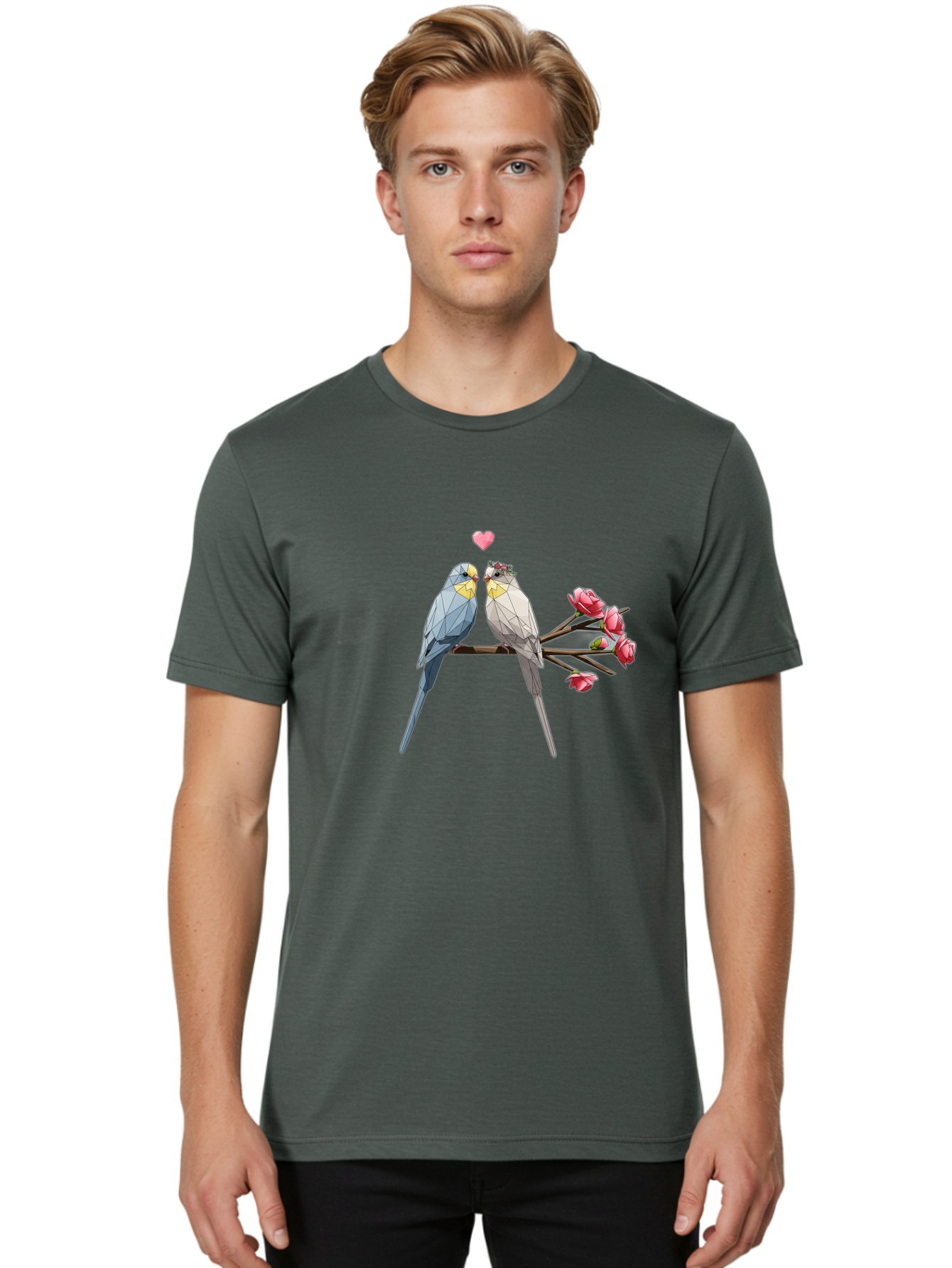 Lovebirds Men'S Graphic Tee, 100% Cotton, Comfortable Casual Summer Wear, Machine Washable, Low Poly Lovebirds, Pink Flowers, Couple Birds, Love Heart, Tender Moment, Geometric Art, Pastel Colors, Romantic Scene, Valentine'S Day Baa934