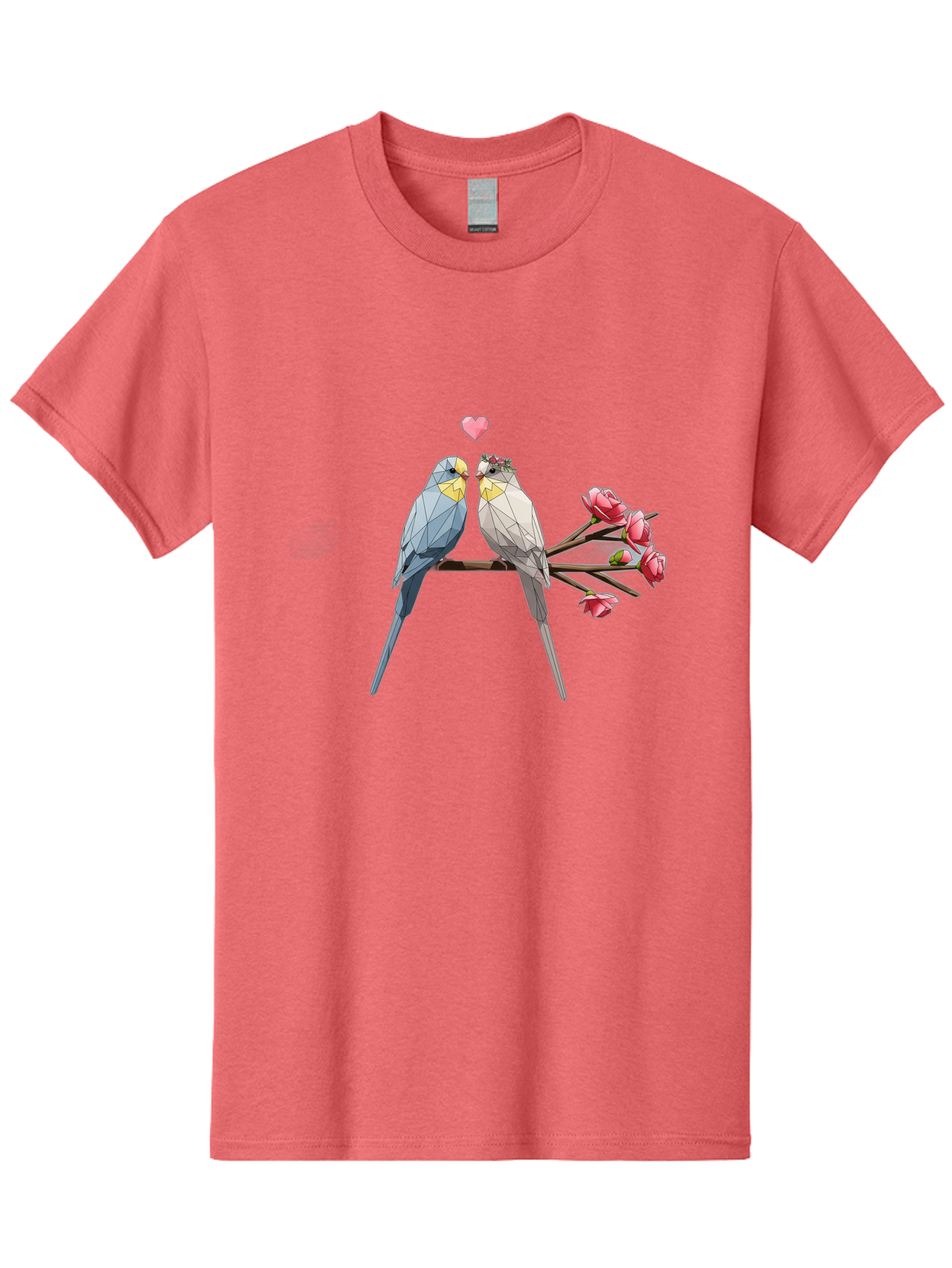 Lovebirds Men'S Graphic Tee, 100% Cotton, Comfortable Casual Summer Wear, Machine Washable, Low Poly Lovebirds, Pink Flowers, Couple Birds, Love Heart, Tender Moment, Geometric Art, Pastel Colors, Romantic Scene, Valentine'S Day Baa934