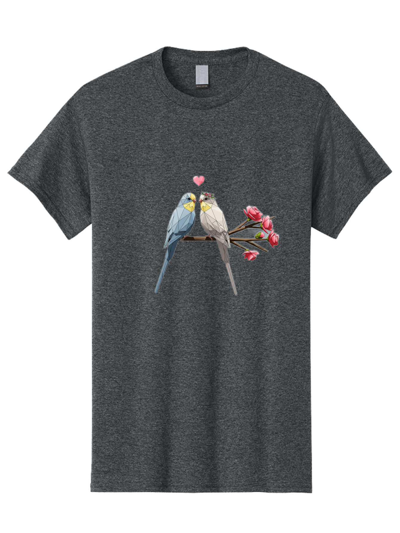 Lovebirds Men'S Graphic Tee, 100% Cotton, Comfortable Casual Summer Wear, Machine Washable, Low Poly Lovebirds, Pink Flowers, Couple Birds, Love Heart, Tender Moment, Geometric Art, Pastel Colors, Romantic Scene, Valentine'S Day Baa934