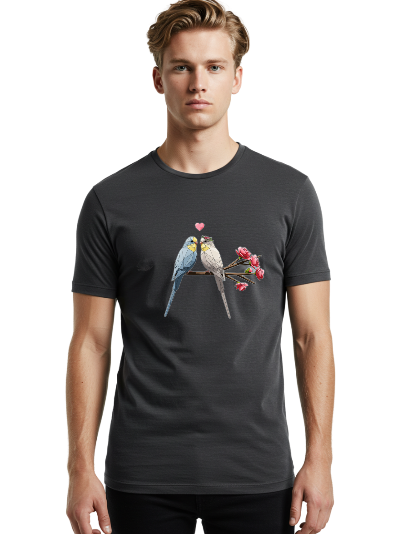 Lovebirds Men'S Graphic Tee, 100% Cotton, Comfortable Casual Summer Wear, Machine Washable, Low Poly Lovebirds, Pink Flowers, Couple Birds, Love Heart, Tender Moment, Geometric Art, Pastel Colors, Romantic Scene, Valentine'S Day Baa934