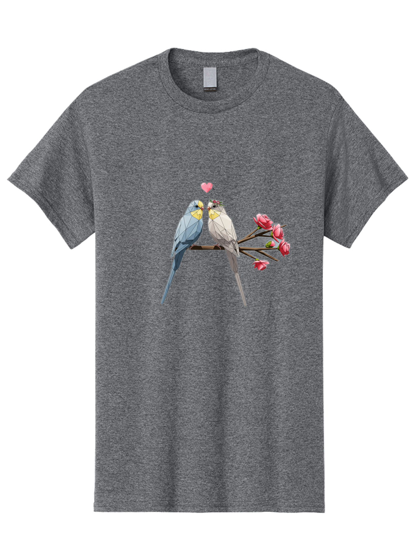 Lovebirds Men'S Graphic Tee, 100% Cotton, Comfortable Casual Summer Wear, Machine Washable, Low Poly Lovebirds, Pink Flowers, Couple Birds, Love Heart, Tender Moment, Geometric Art, Pastel Colors, Romantic Scene, Valentine'S Day Baa934