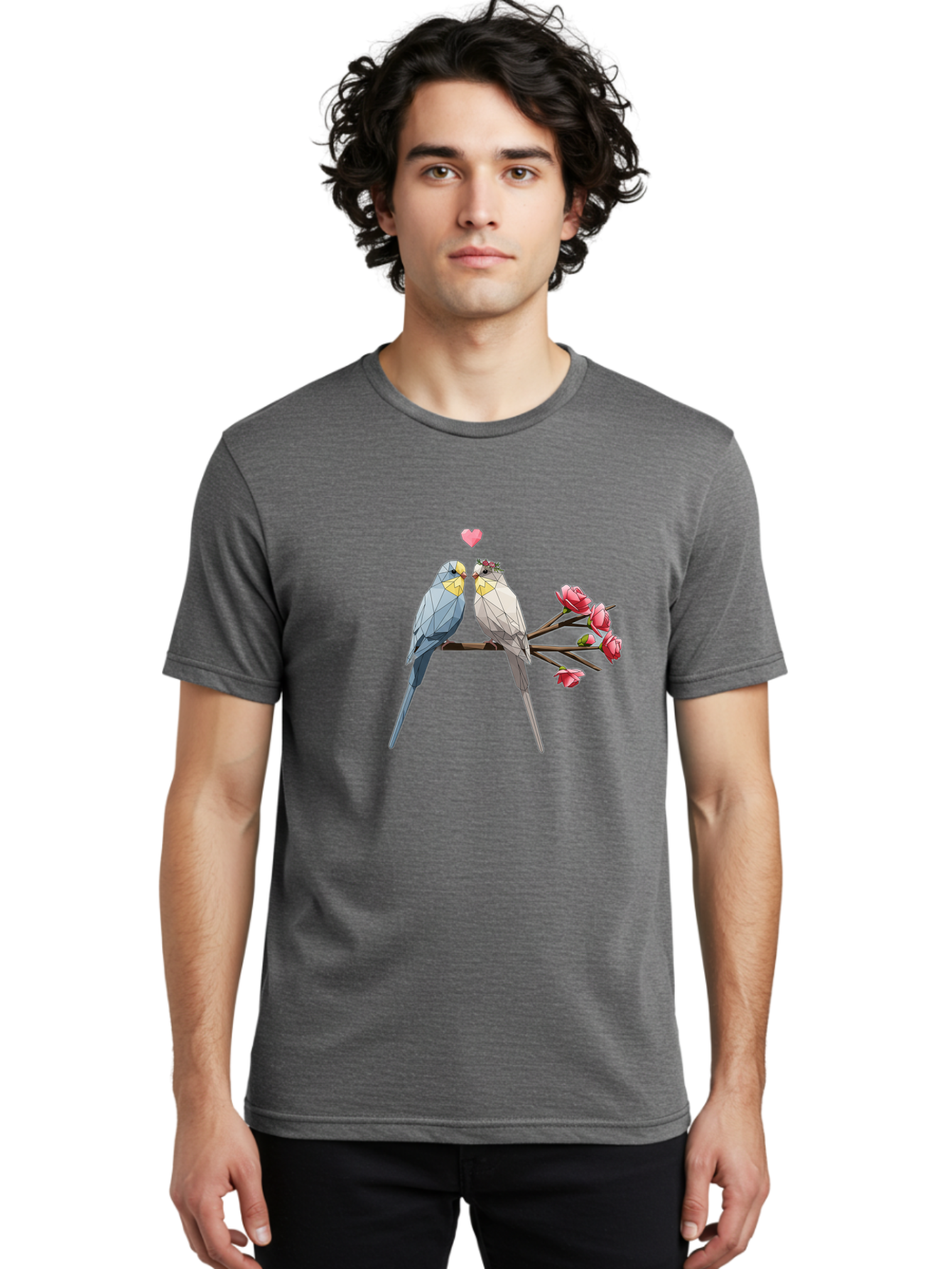 Lovebirds Men'S Graphic Tee, 100% Cotton, Comfortable Casual Summer Wear, Machine Washable, Low Poly Lovebirds, Pink Flowers, Couple Birds, Love Heart, Tender Moment, Geometric Art, Pastel Colors, Romantic Scene, Valentine'S Day Baa934