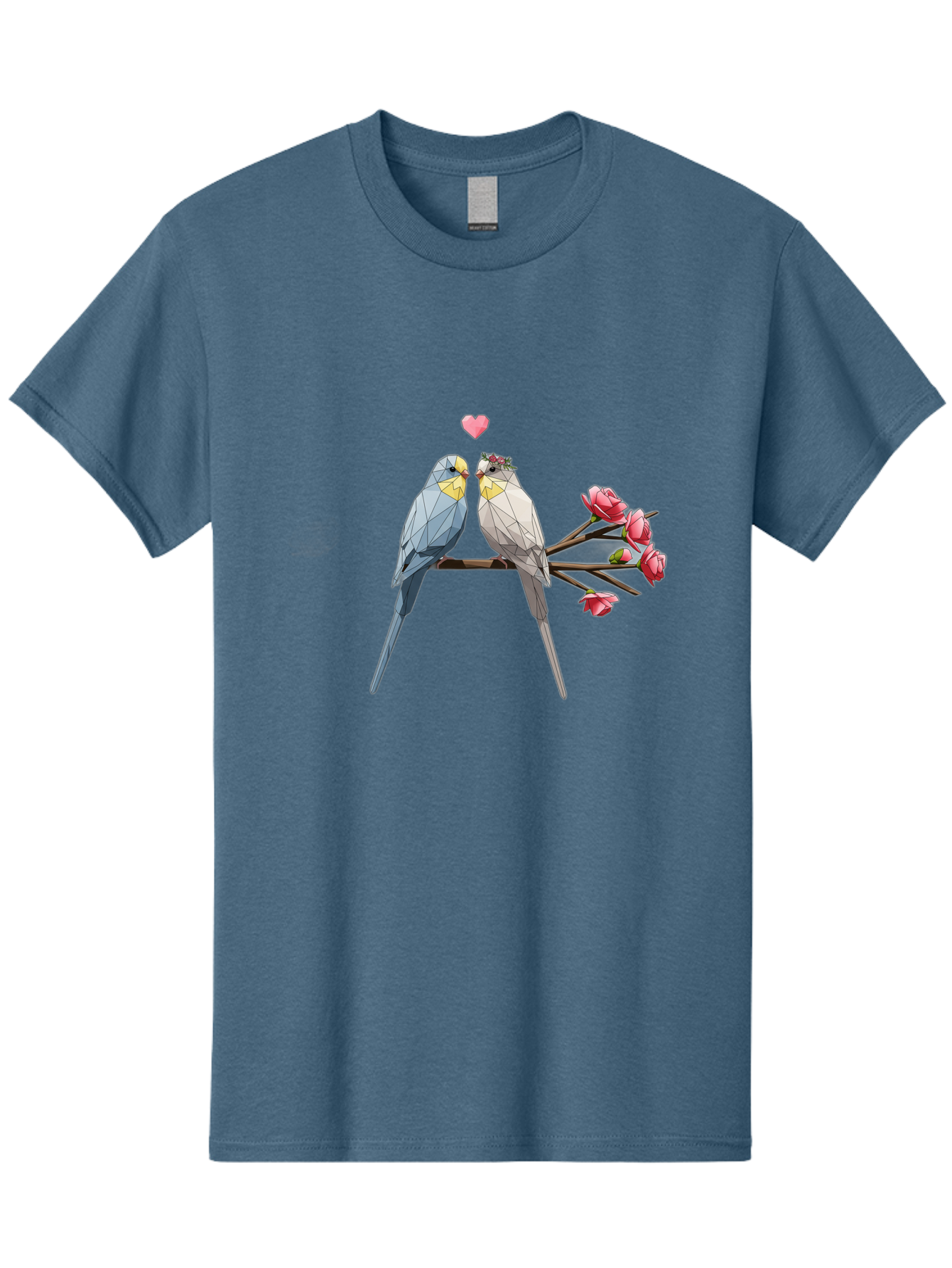 Lovebirds Men'S Graphic Tee, 100% Cotton, Comfortable Casual Summer Wear, Machine Washable, Low Poly Lovebirds, Pink Flowers, Couple Birds, Love Heart, Tender Moment, Geometric Art, Pastel Colors, Romantic Scene, Valentine'S Day Baa934