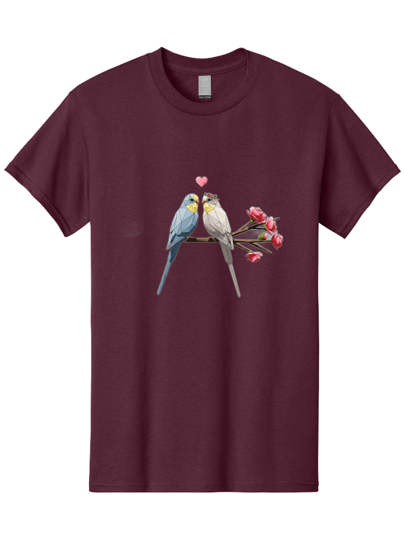 Lovebirds Men'S Graphic Tee, 100% Cotton, Comfortable Casual Summer Wear, Machine Washable, Low Poly Lovebirds, Pink Flowers, Couple Birds, Love Heart, Tender Moment, Geometric Art, Pastel Colors, Romantic Scene, Valentine'S Day Baa934