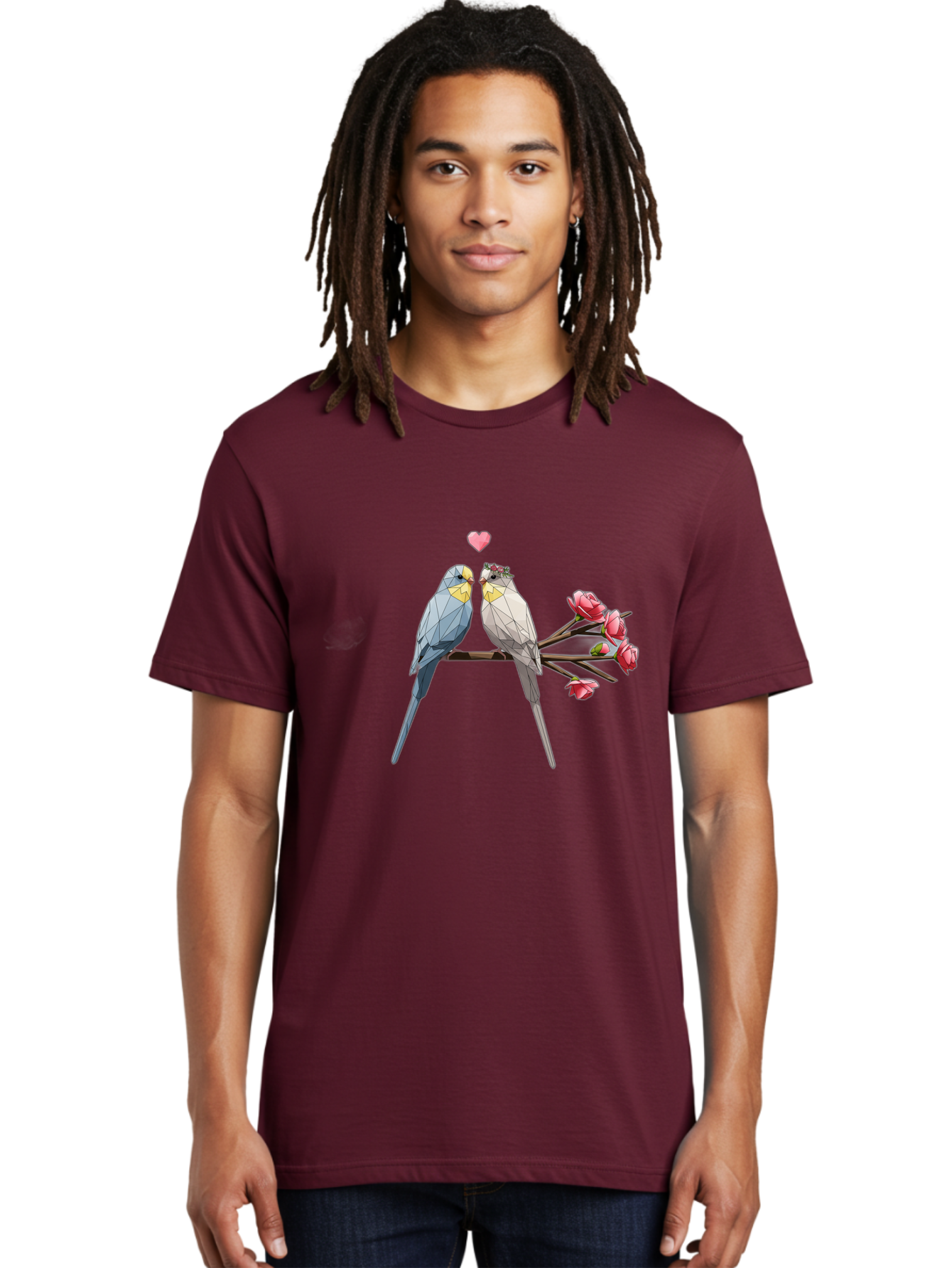 Lovebirds Men'S Graphic Tee, 100% Cotton, Comfortable Casual Summer Wear, Machine Washable, Low Poly Lovebirds, Pink Flowers, Couple Birds, Love Heart, Tender Moment, Geometric Art, Pastel Colors, Romantic Scene, Valentine'S Day Baa934